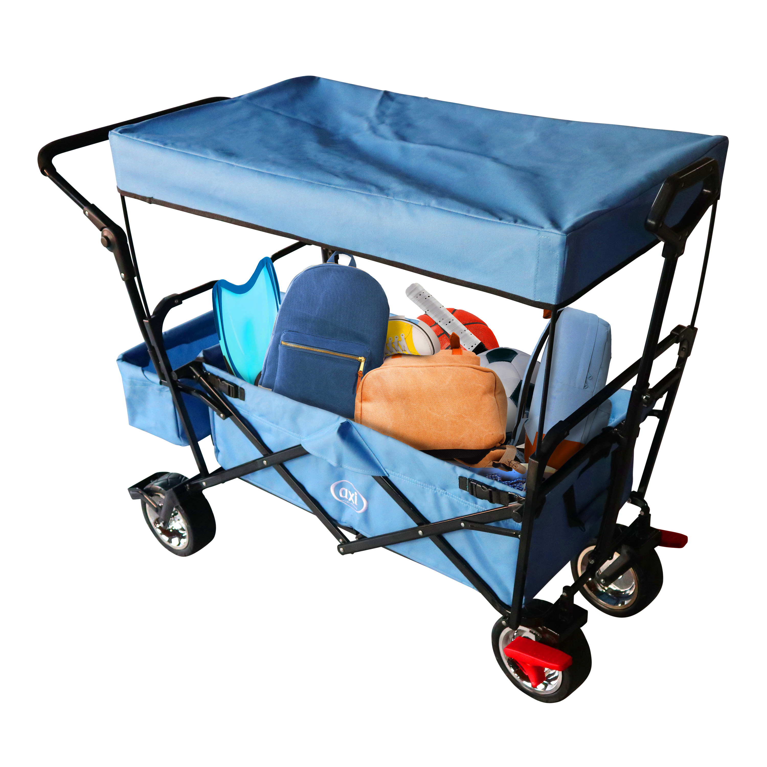 Blauer Wagen mit Gegenständen gefüllt. Ein Verdeck ist oben. Er hat einen Griff und schwarze Räder.