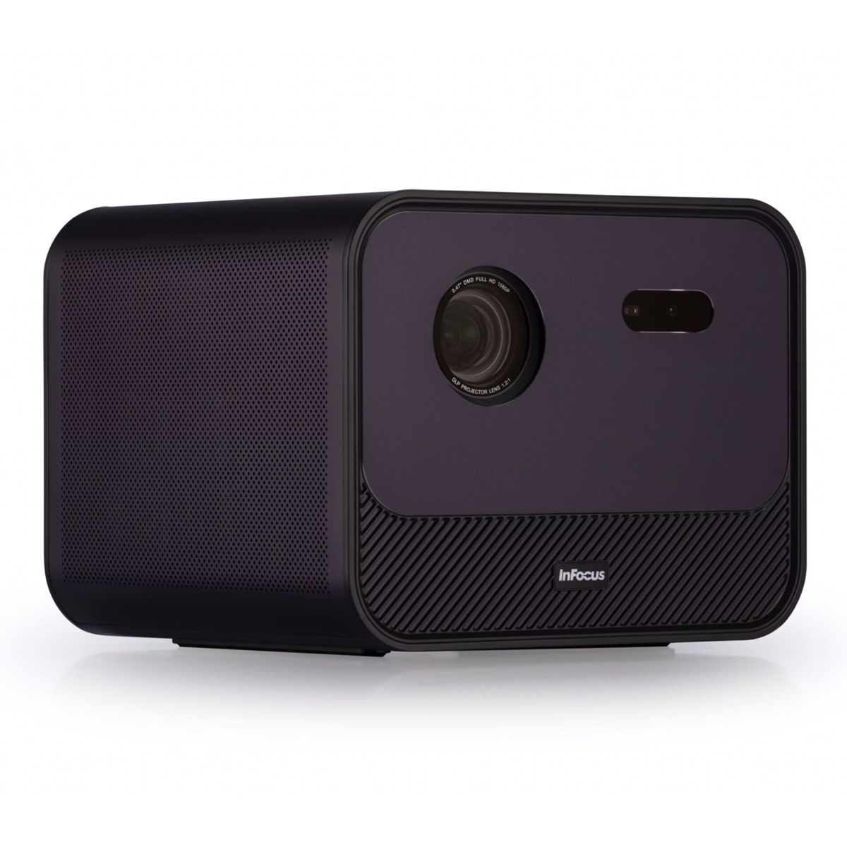 Czarny projektor InFocus z obiektywem i kratkami wentylacyjnymi z boku.