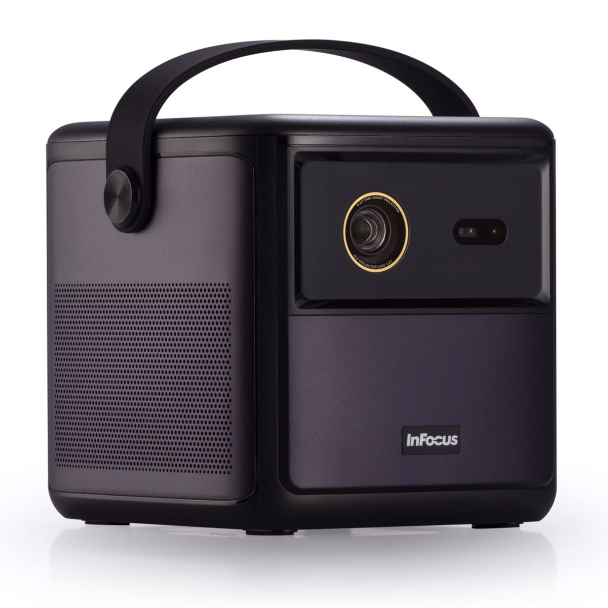 Czarny i szary projektor z uchwytem i obiektywem. Nazwa marki to Infocus.