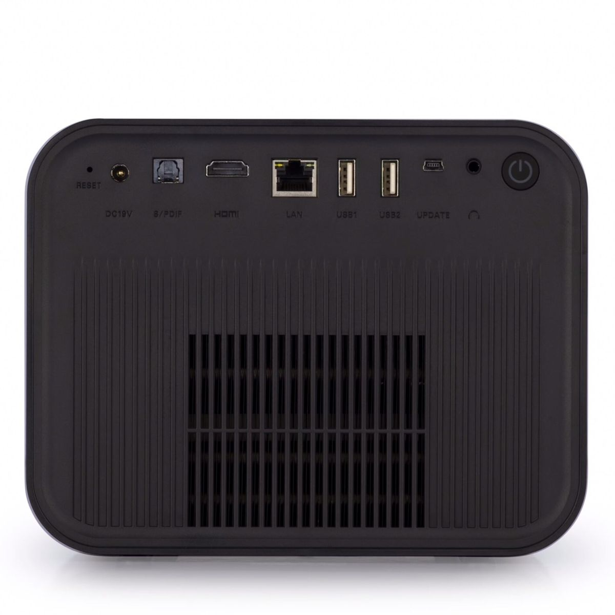 Widok z tyłu czarnego projektora. Posiada kilka portów i przycisk zasilania. Tylny panel jest ciemny.