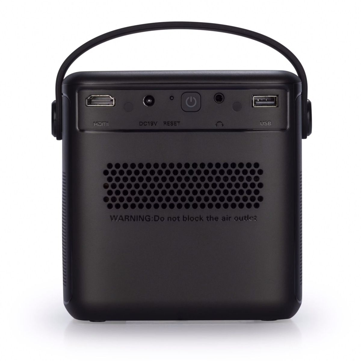 Tył czarnego projektora. Porty HDMI, DC19V, Reset i USB. Wylot powietrza. Tekst ostrzeżenia.