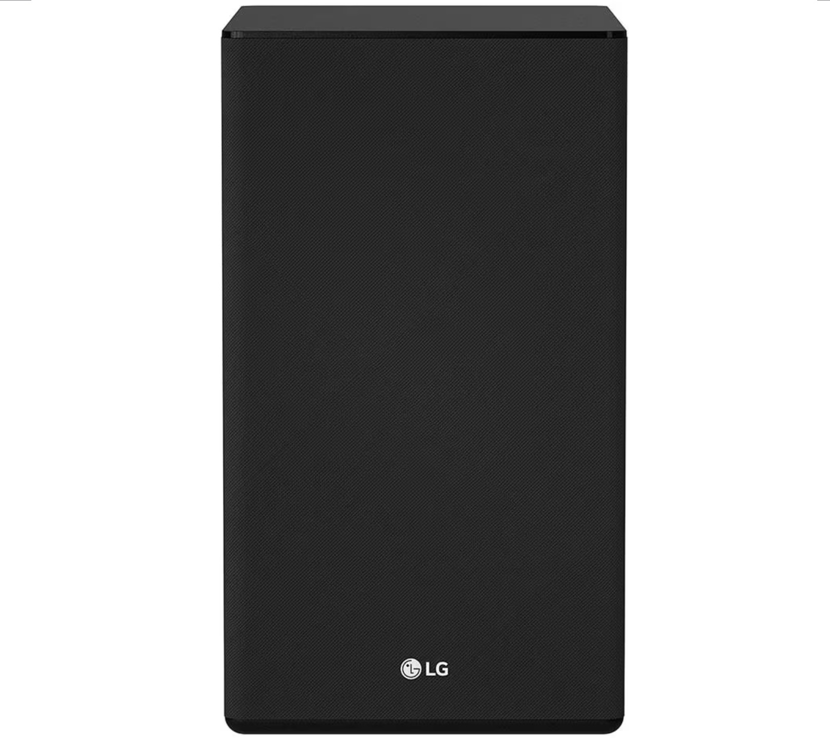 Czarny głośnik LG. Prostokątny kształt z wzorzystym przodem. Logo LG na dole.
