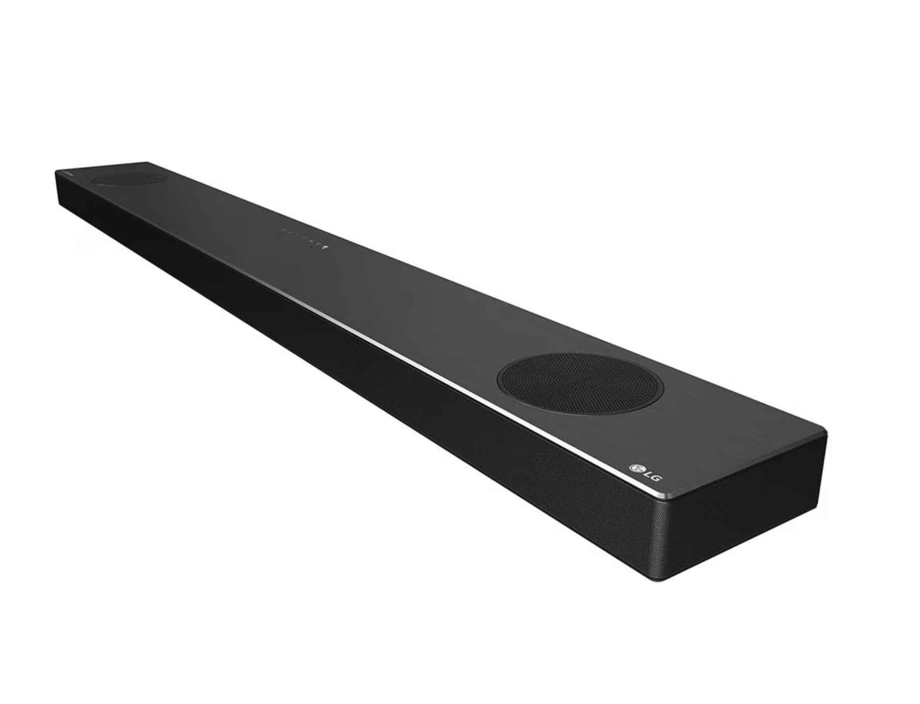 Czarny soundbar. Logo LG po prawej stronie u dołu. Długi, prostokątny kształt.