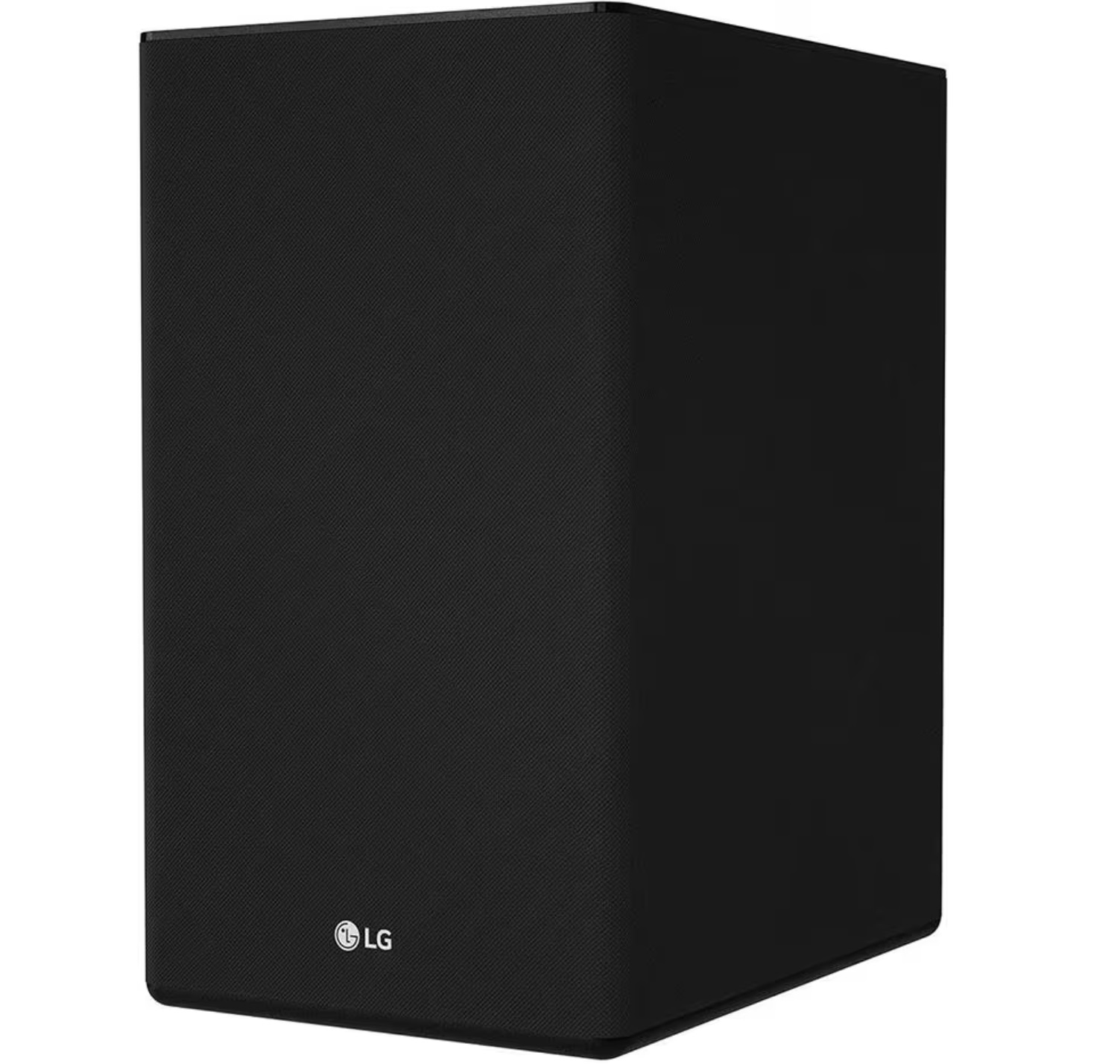 Czarny głośnik subwoofera. Jest to prostokątne pudełko z logo LG z przodu.