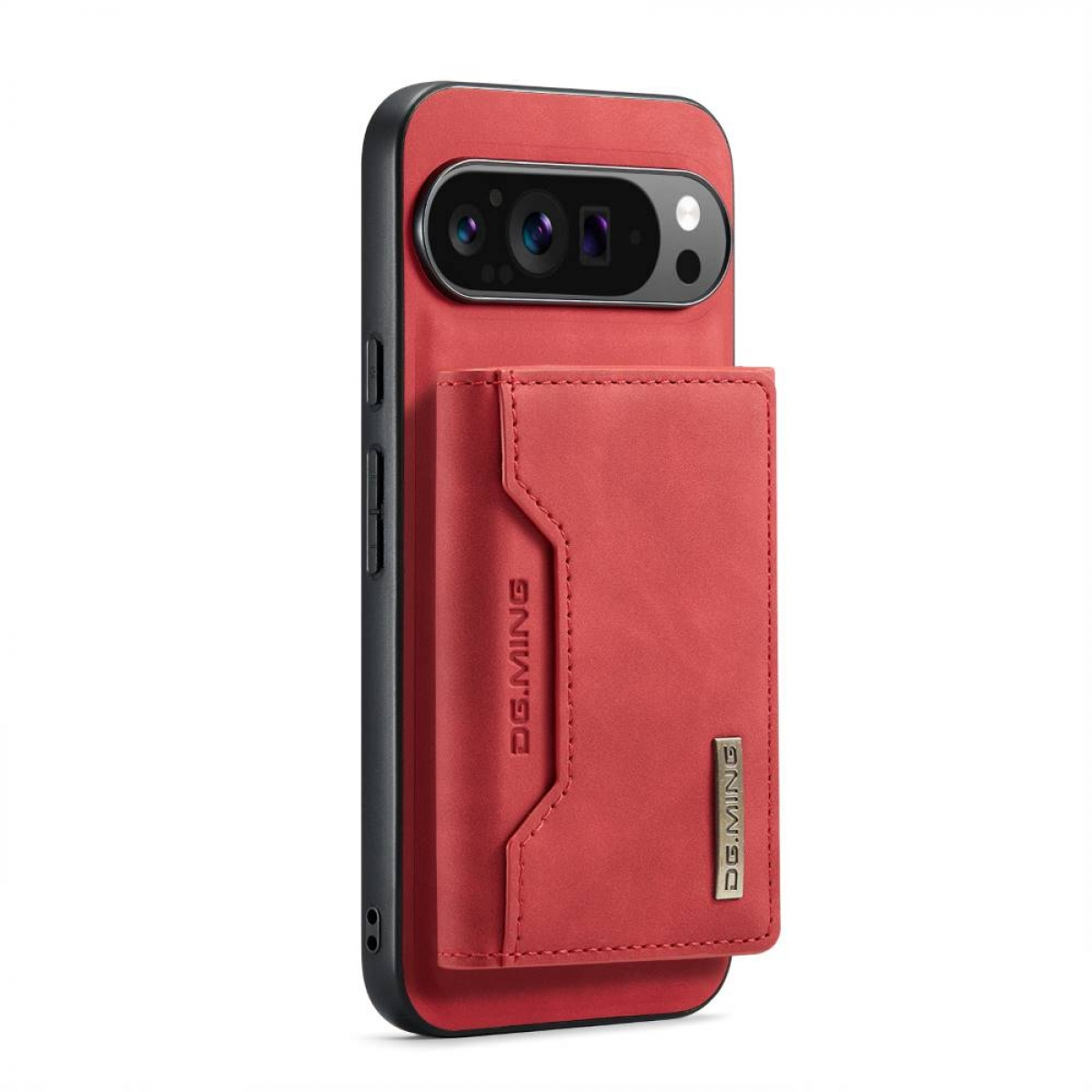 Rote Handyhülle mit Geldbörse. Schwarzes Telefon, Kamera sichtbar.
