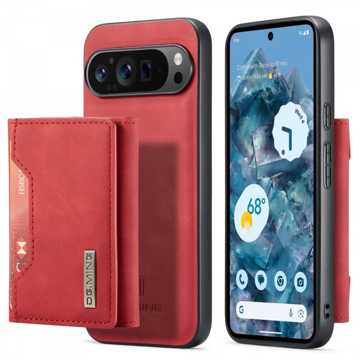 Ein Telefon mit einer Geldbörsenhülle, beide rot. Der Telefonbildschirm zeigt eine Wetter-App.
