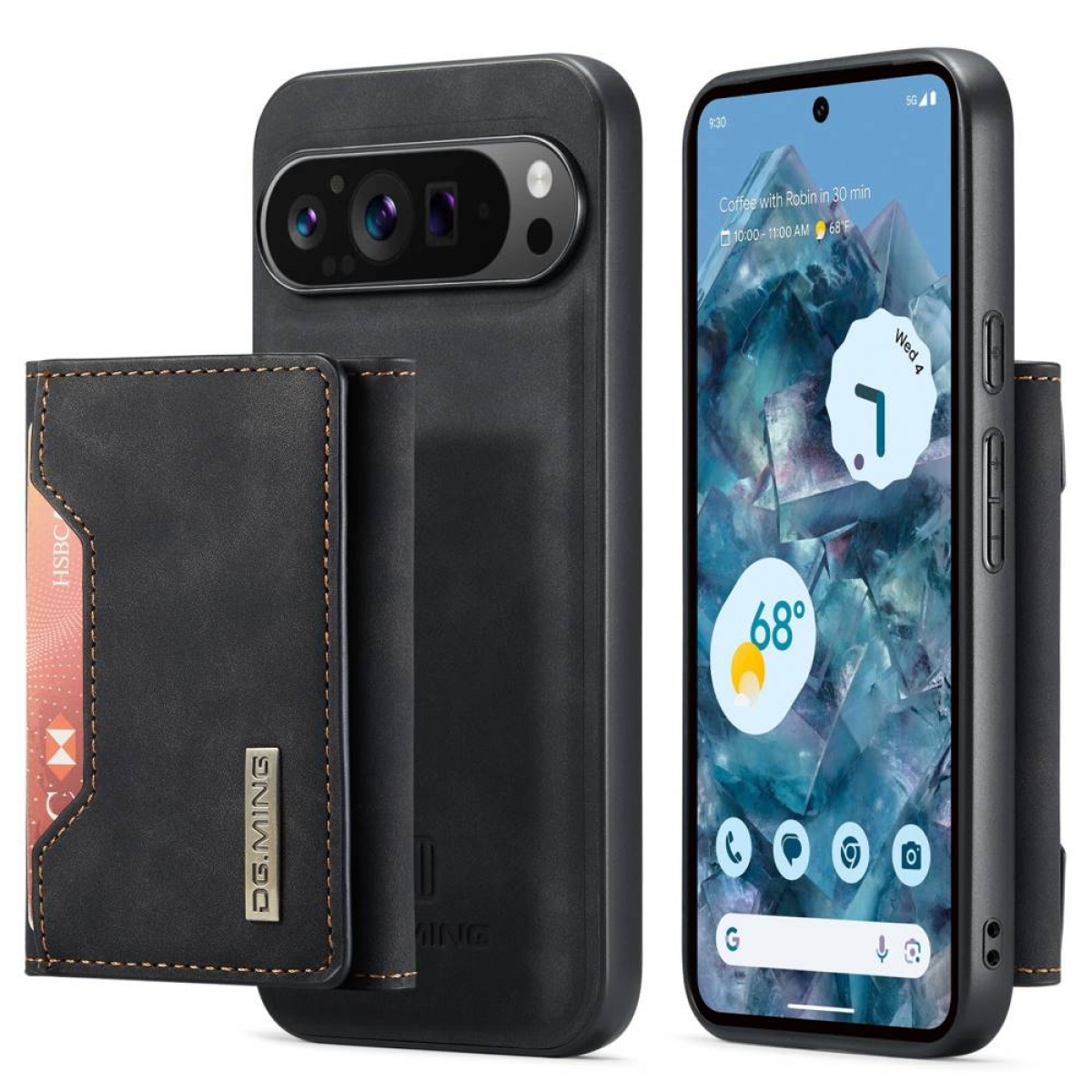 Schwarzes Telefon mit angebrachter Brieftasche. Eine Kreditkarte ist sichtbar.