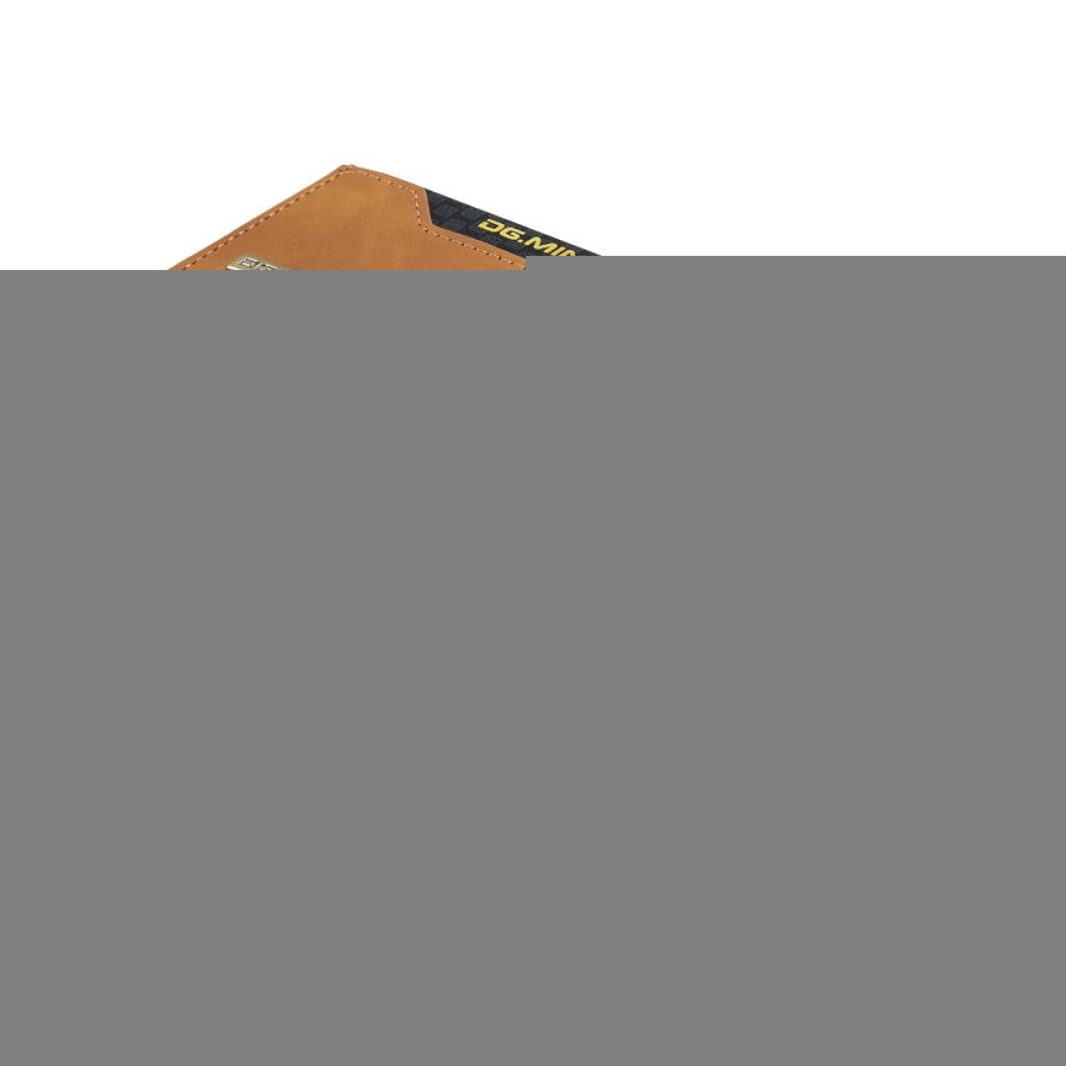 Eine braune Ledergeldbörse mit schwarzer Karte vorne, vor grauem Hintergrund.