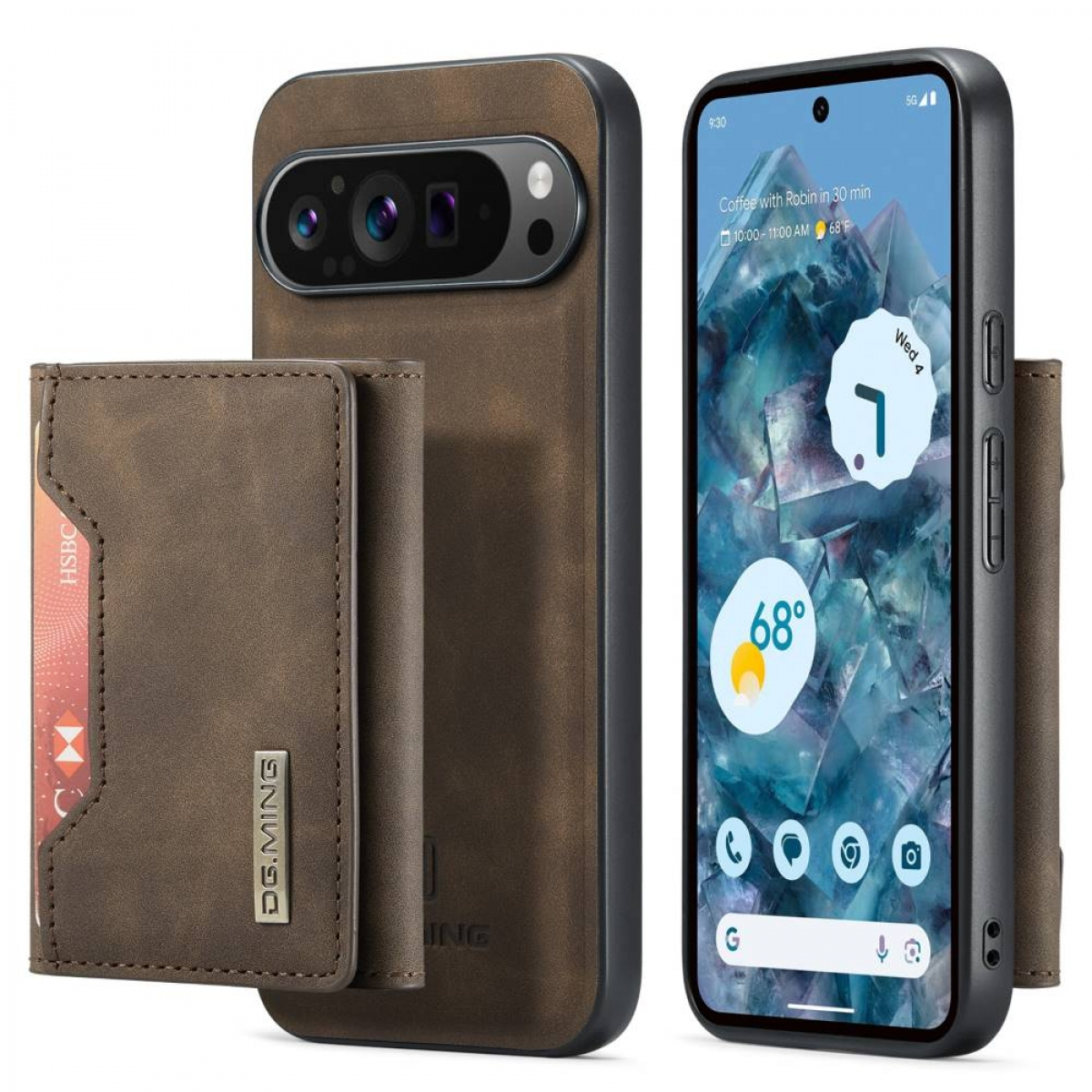 Telefon mit Geldbörsenetui. Braune Handyhülle mit Geldbörsenbereich, braune Geldbörse, das Telefon ist an.