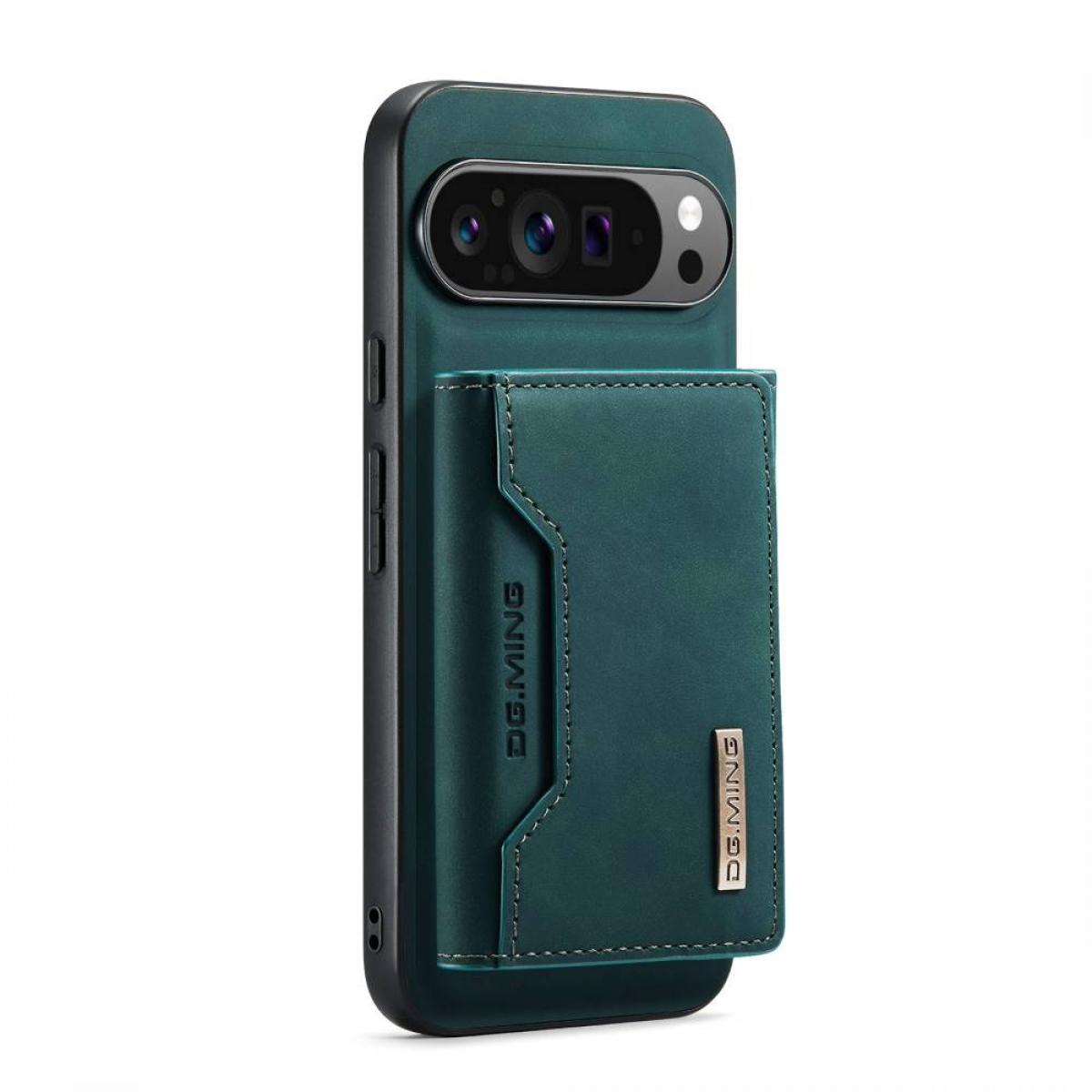 Grüne Handyhülle mit Kartenhalter. Zeigt die Rückseite des Telefons mit Kamera und Brieftasche.