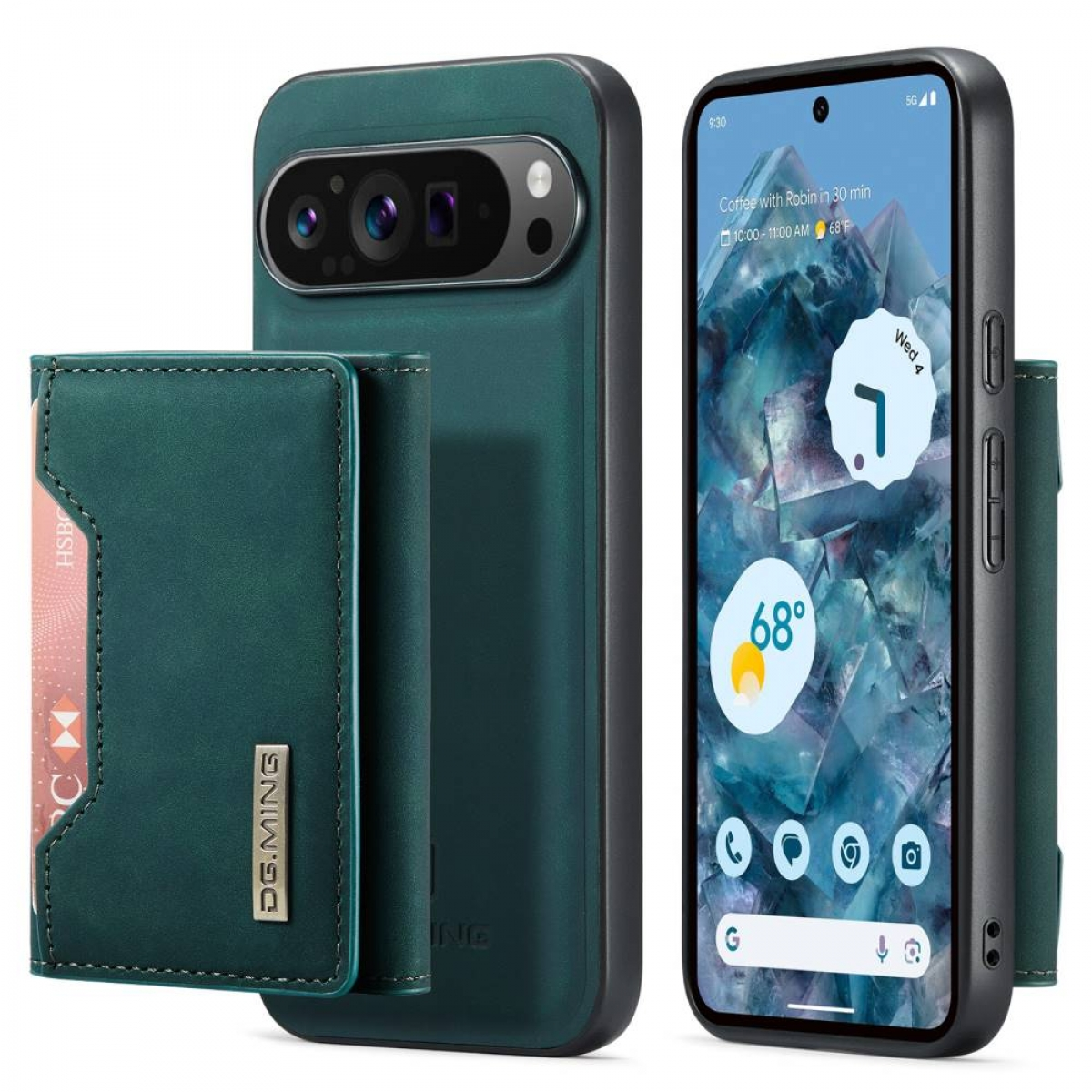 Grüne Leder-Handyhülle mit Geldbörse und Telefon, zeigt einen Telefonbildschirm mit Wetter-App.