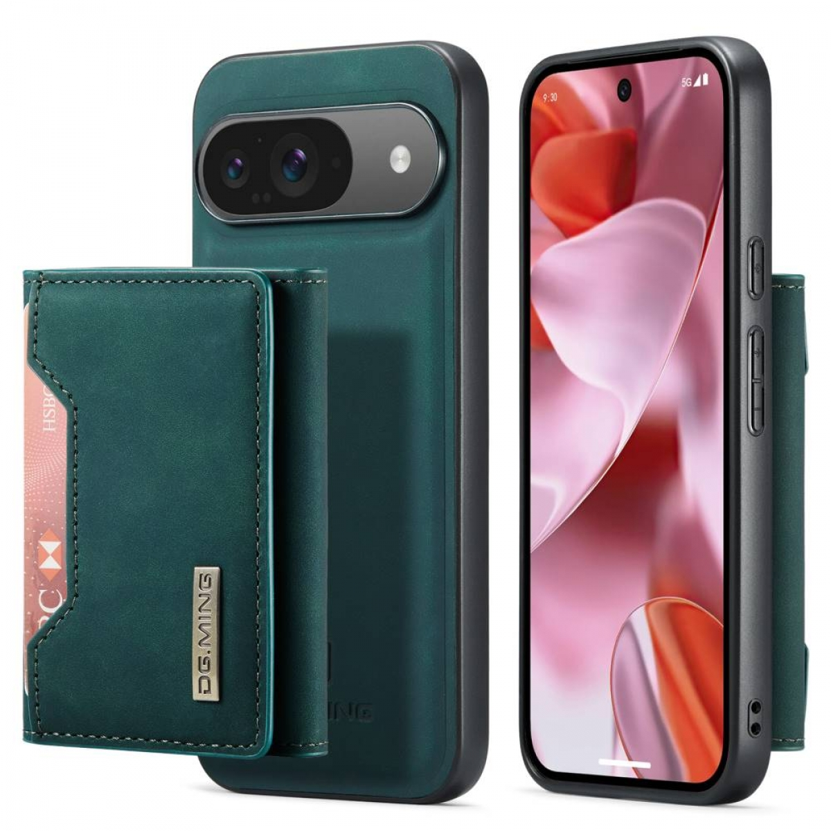 Eine tealfarbene Handyhülle mit Geldbörse, offen liegend. Das Telefon ist schwarz.