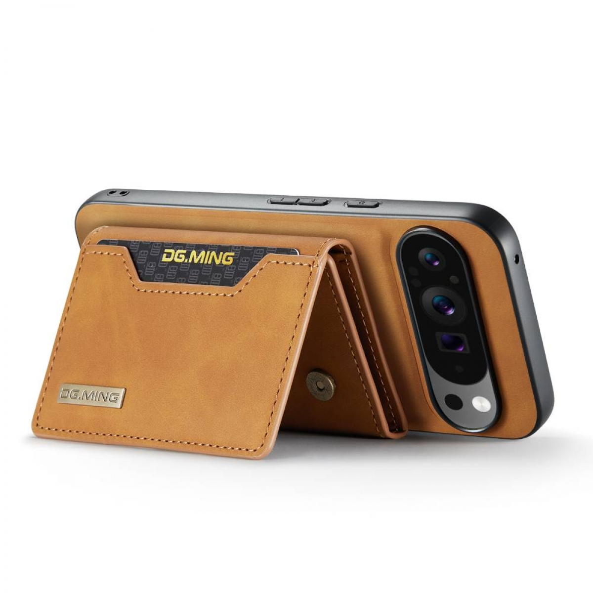 Ein Telefon mit brauner Leder-Geldbörsenhülle. Die Hülle hat Kartenfächer und einen Magnetverschluss.