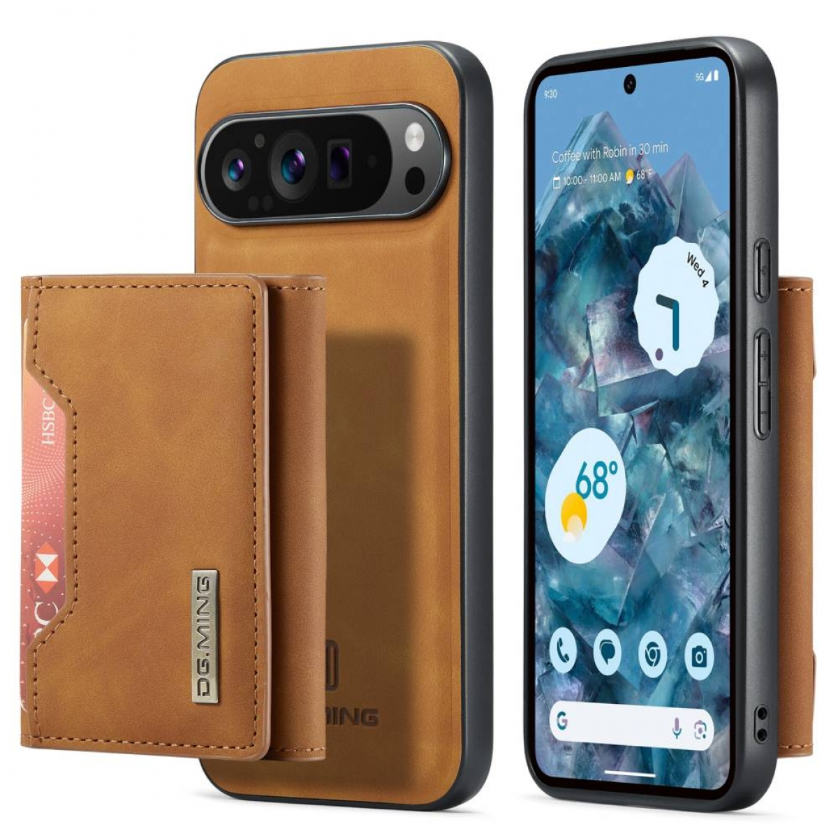 Telefon mit Hülle und Geldbörse. Telefon zeigt App. Geldbörse hat Karte. Braunes Leder. Weißer Hintergrund.