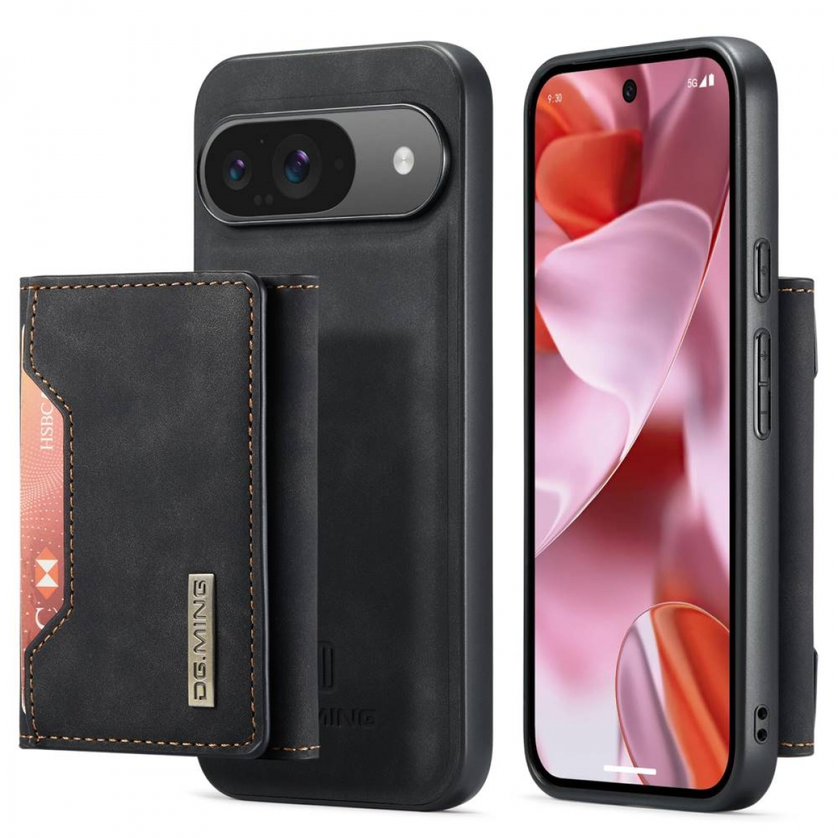 Schwarze Handyhülle mit Geldbörse. Das Handy zeigt einen Bildschirm, und die Geldbörse hat eine Karte.