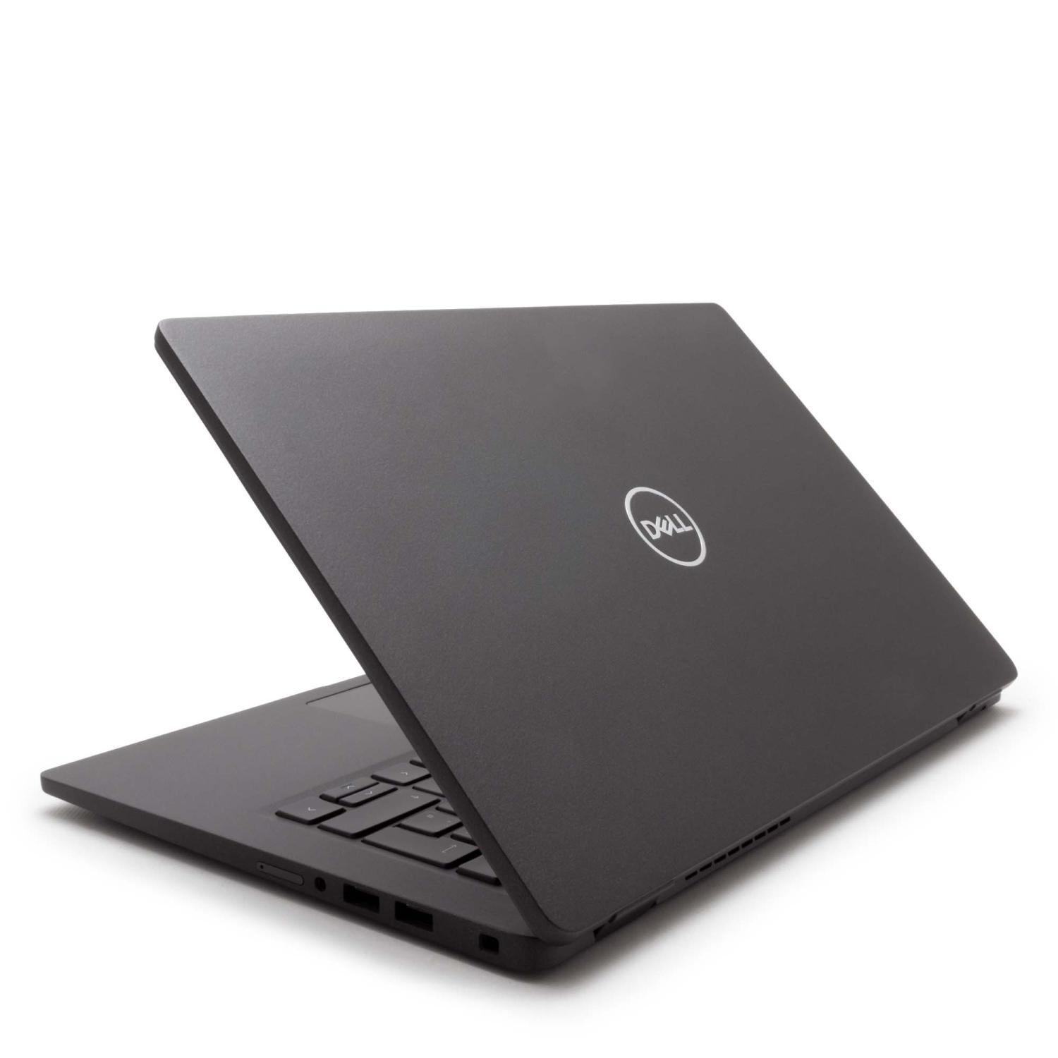 Ein schwarzer Laptop mit geöffnetem Bildschirm, der die Tastatur zeigt. Das Dell-Logo ist sichtbar.