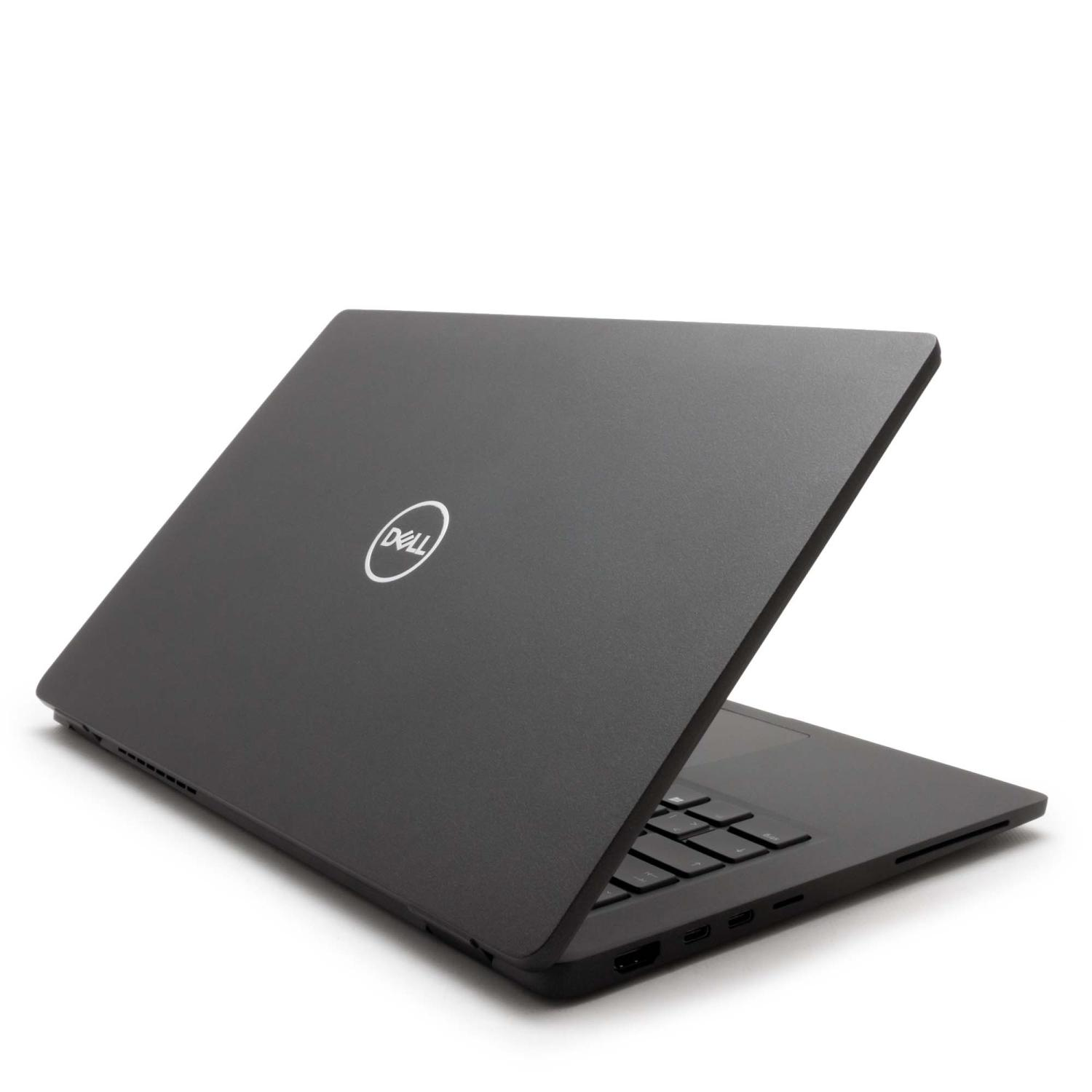 Ein schwarzer Dell-Laptop aus der Rückansicht. Das Dell-Logo ist auf dem Deckel sichtbar, weißer Hintergrund.