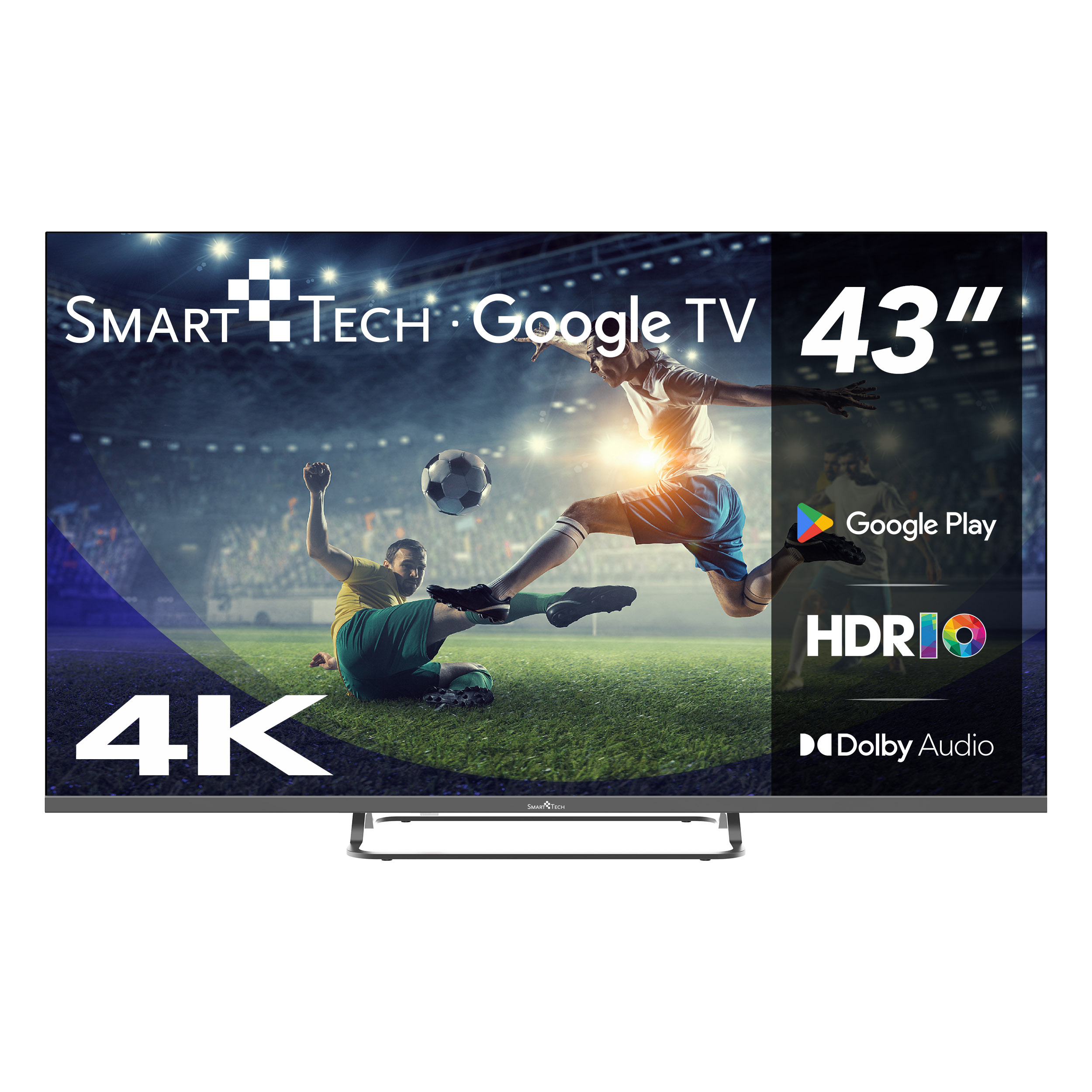 43" Smart Tech Google TV wyświetlający mecz piłki nożnej. Widocznych jest dwóch graczy. Grafika dla Google Play, HDR10 i Dolby Audio.