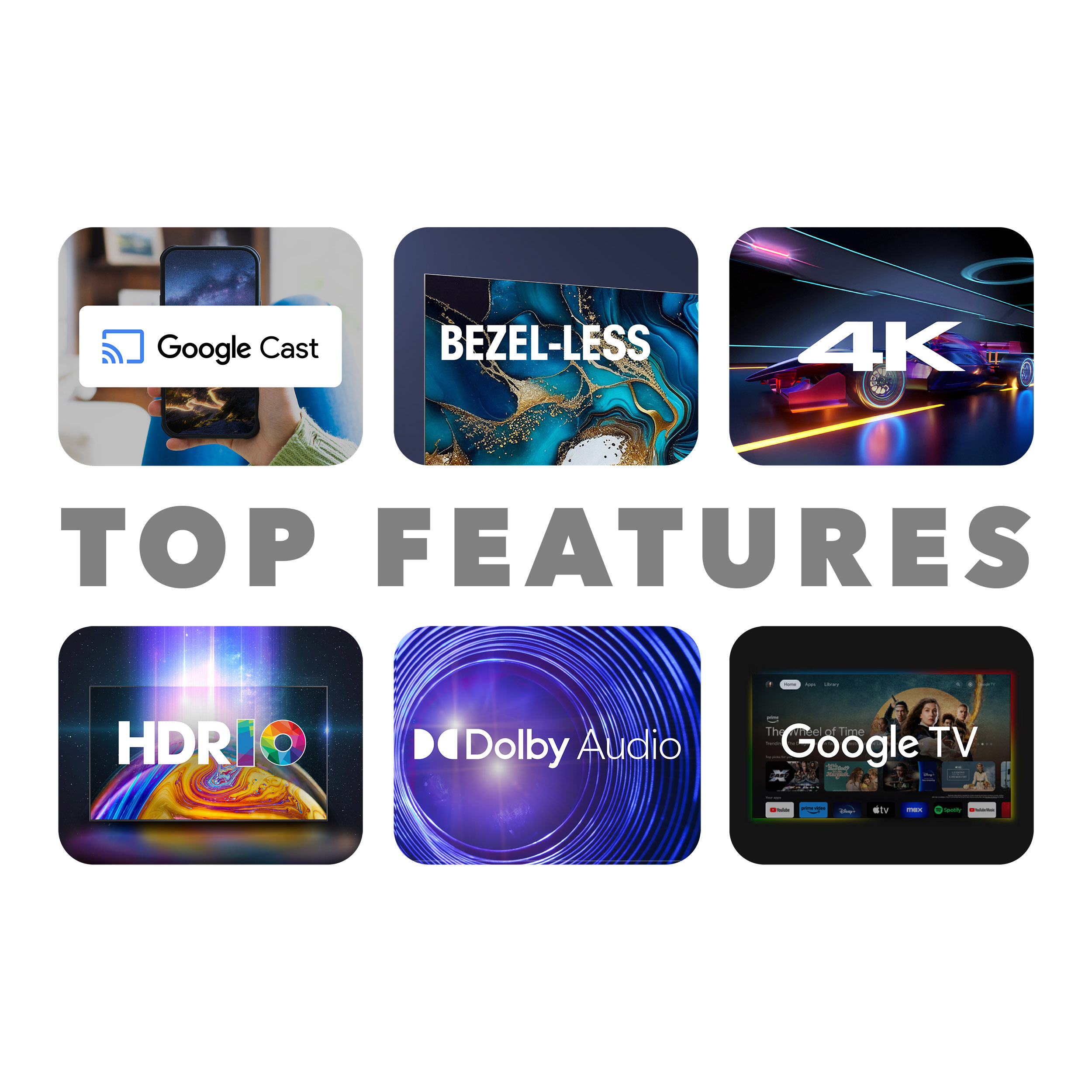 Ikony najważniejszych funkcji: Google Cast, Bezramkowy, 4K, HDR10, Dolby Audio, Google TV.