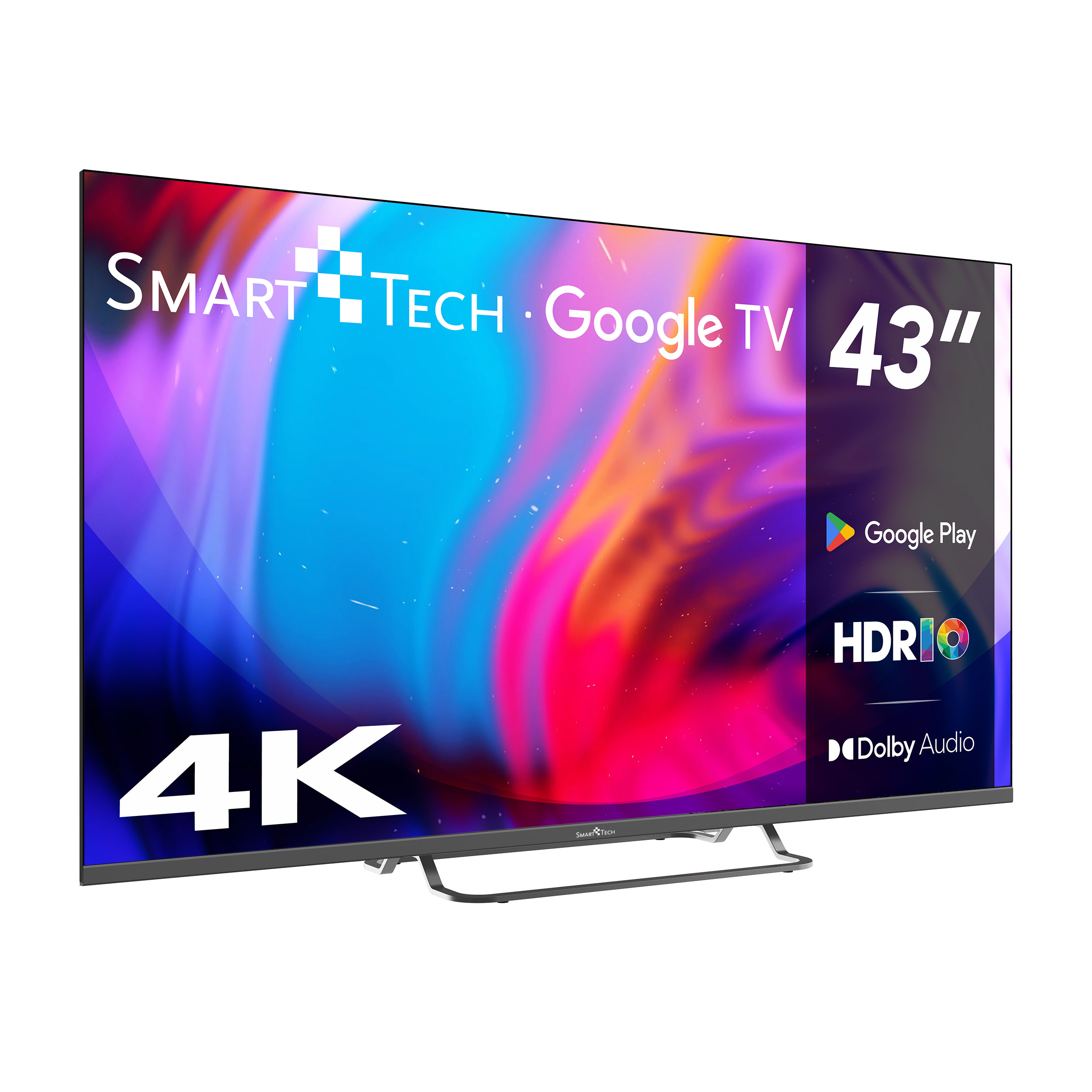 Telewizor Smart Tech Google TV 43" wyświetla kolorowy, abstrakcyjny obraz z logo 4K, HDR10, Google Play i Dolby Audio.