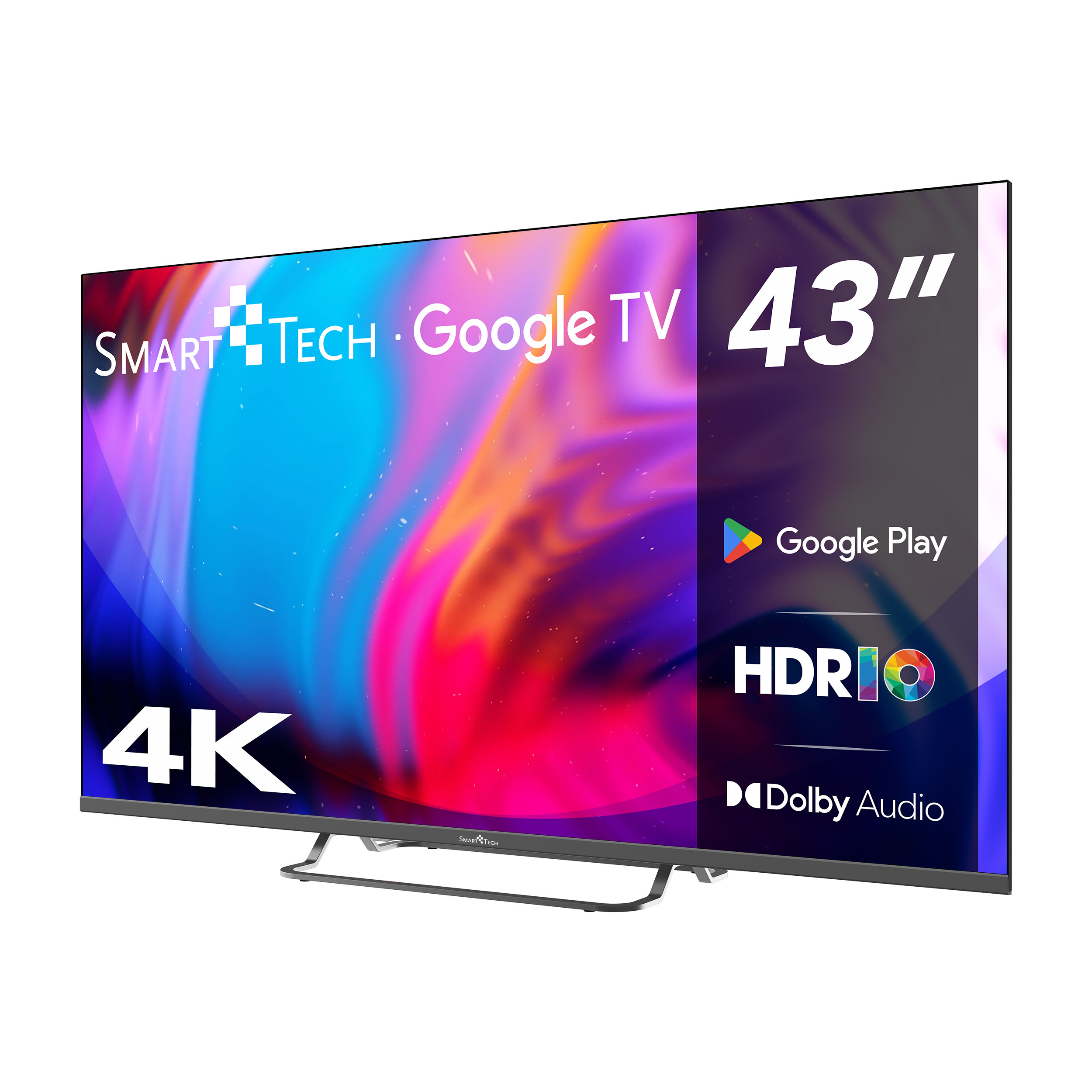 Telewizor Smart Tech Google TV 43 cale. Ekran wyświetla kolorową sztukę abstrakcyjną. Funkcje: 4K, HDR i Dolby Audio.