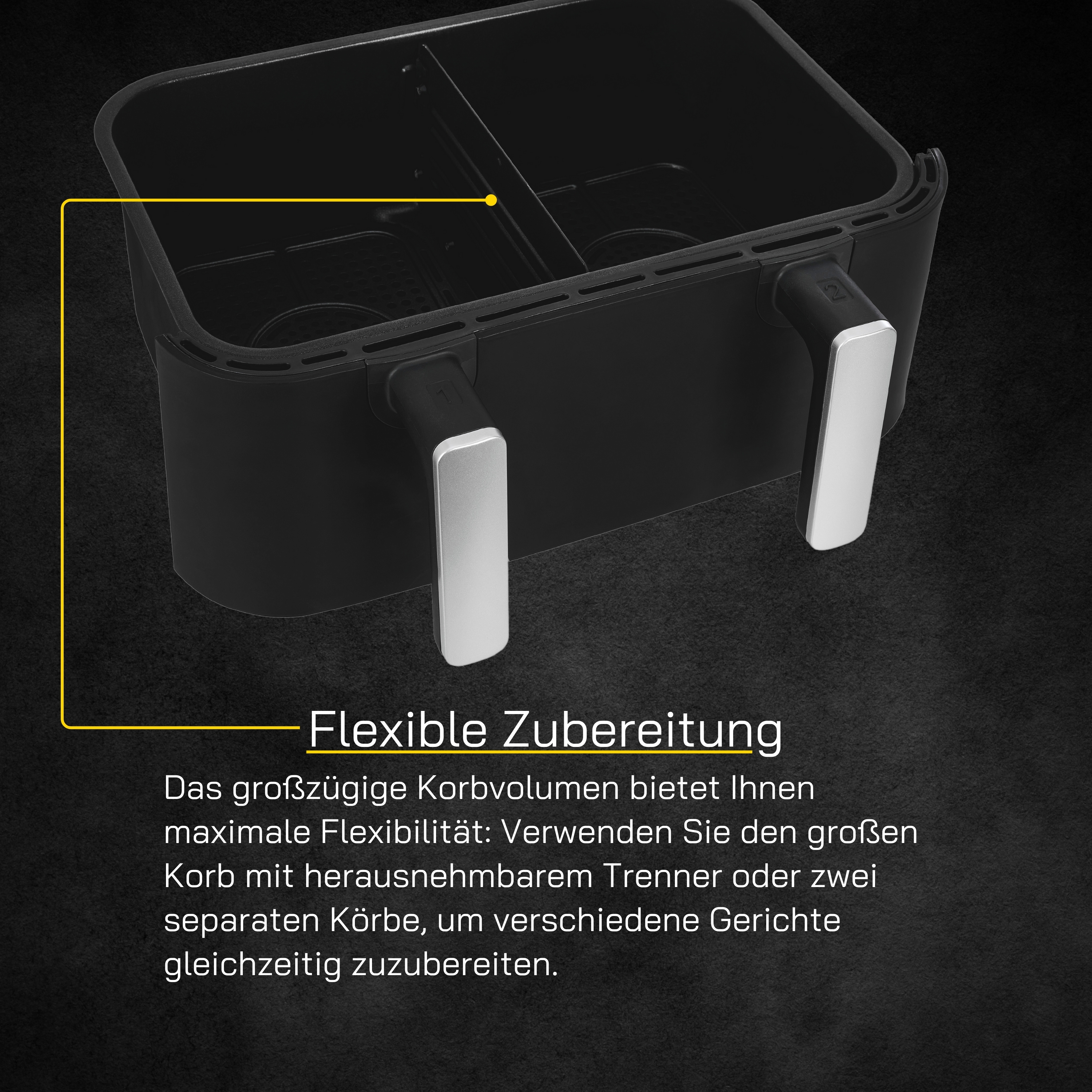 Innenraum der Heißluftfritteuse mit zwei Fächern und silbernen Griffen.