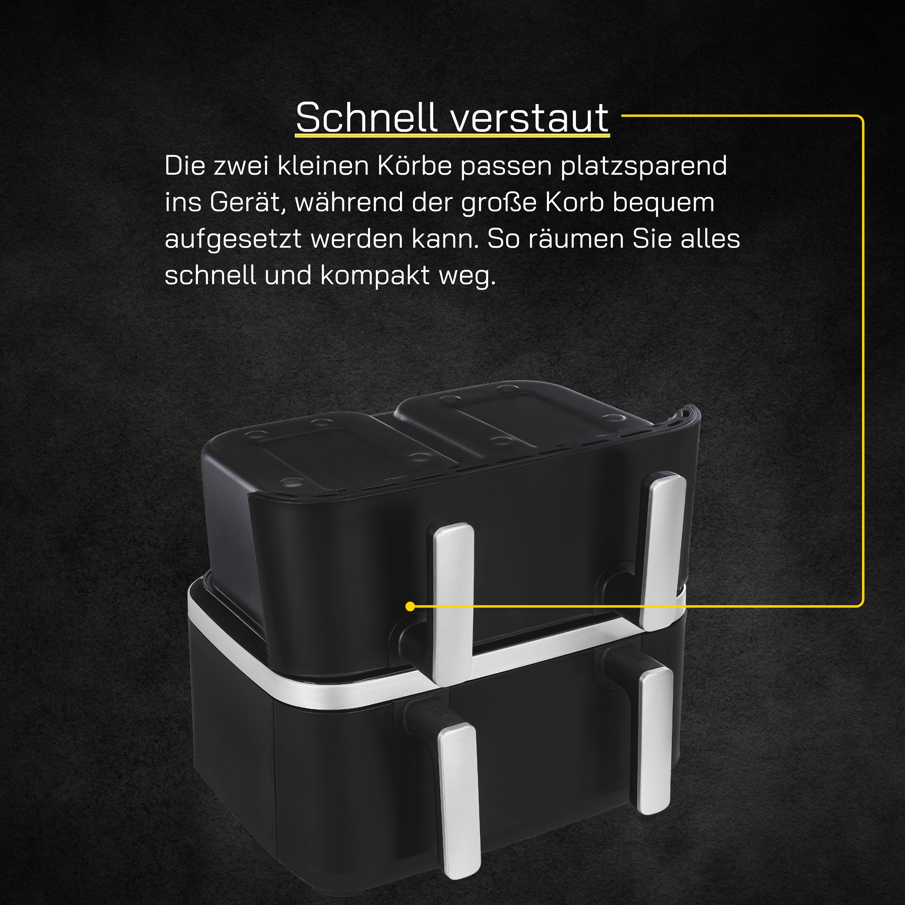 Schwarze Heißluftfritteuse mit zwei übereinander gestapelten Körben. Text auf Deutsch.