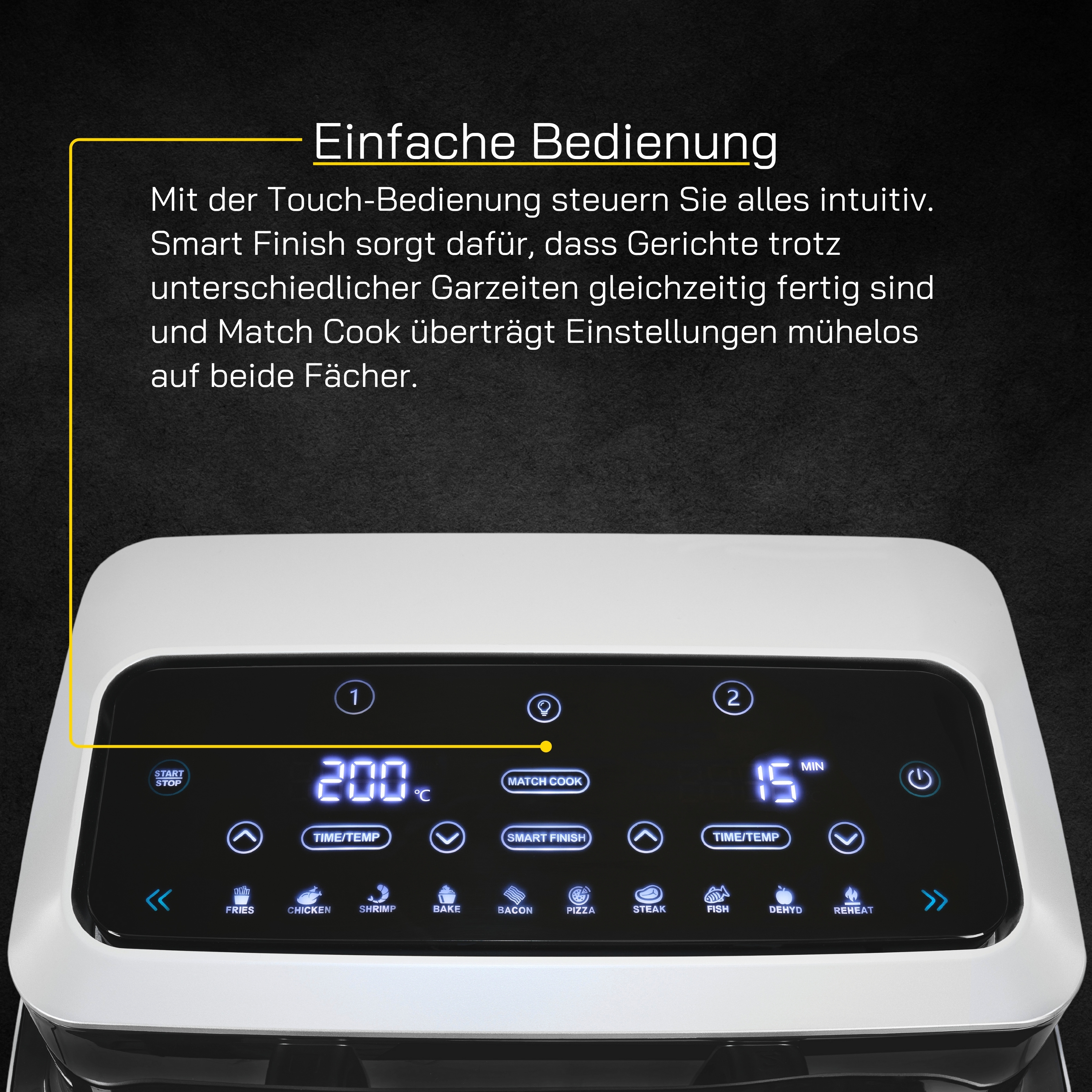 Heißluftfritteuse-Bedienfeld mit Digitalanzeige und verschiedenen Funktionstasten.