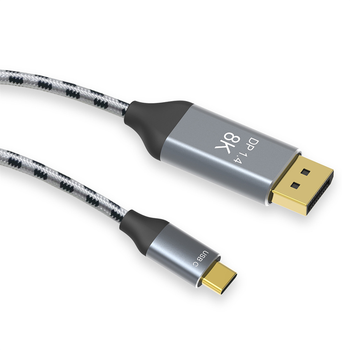 USB-C-zu-DisplayPort-Kabel. Das Kabel ist grau und schwarz. Das DisplayPort-Ende ist silberfarben mit Goldstiften.