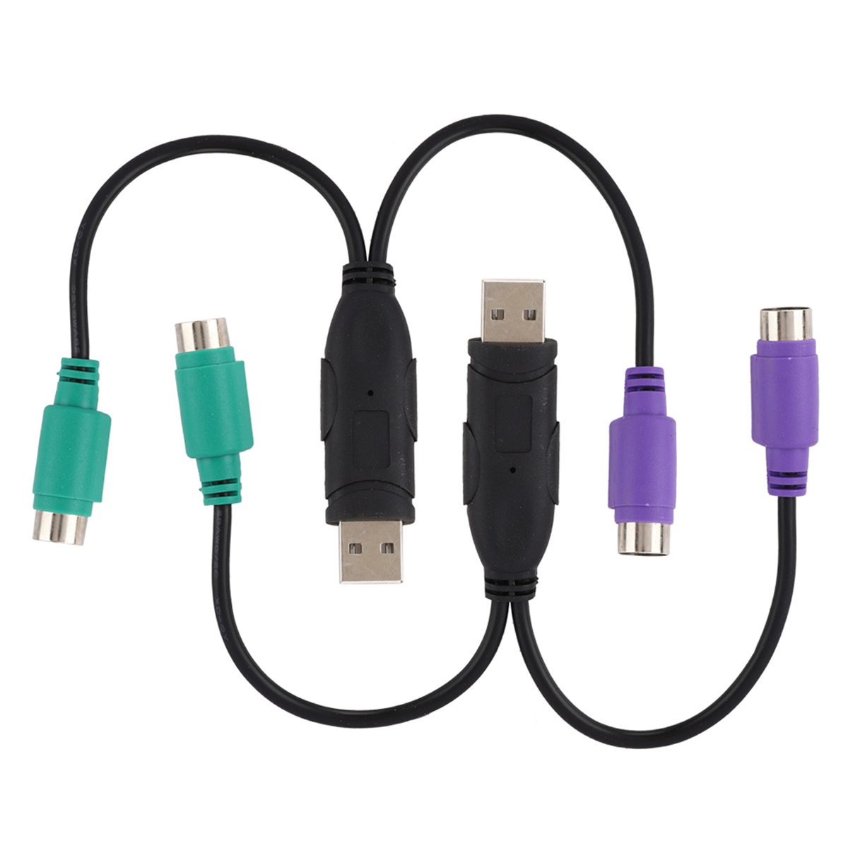 PS/2-zu-USB-Adapterkabel. Grüne und violette Anschlüsse an den Enden. Schwarze Kabel.