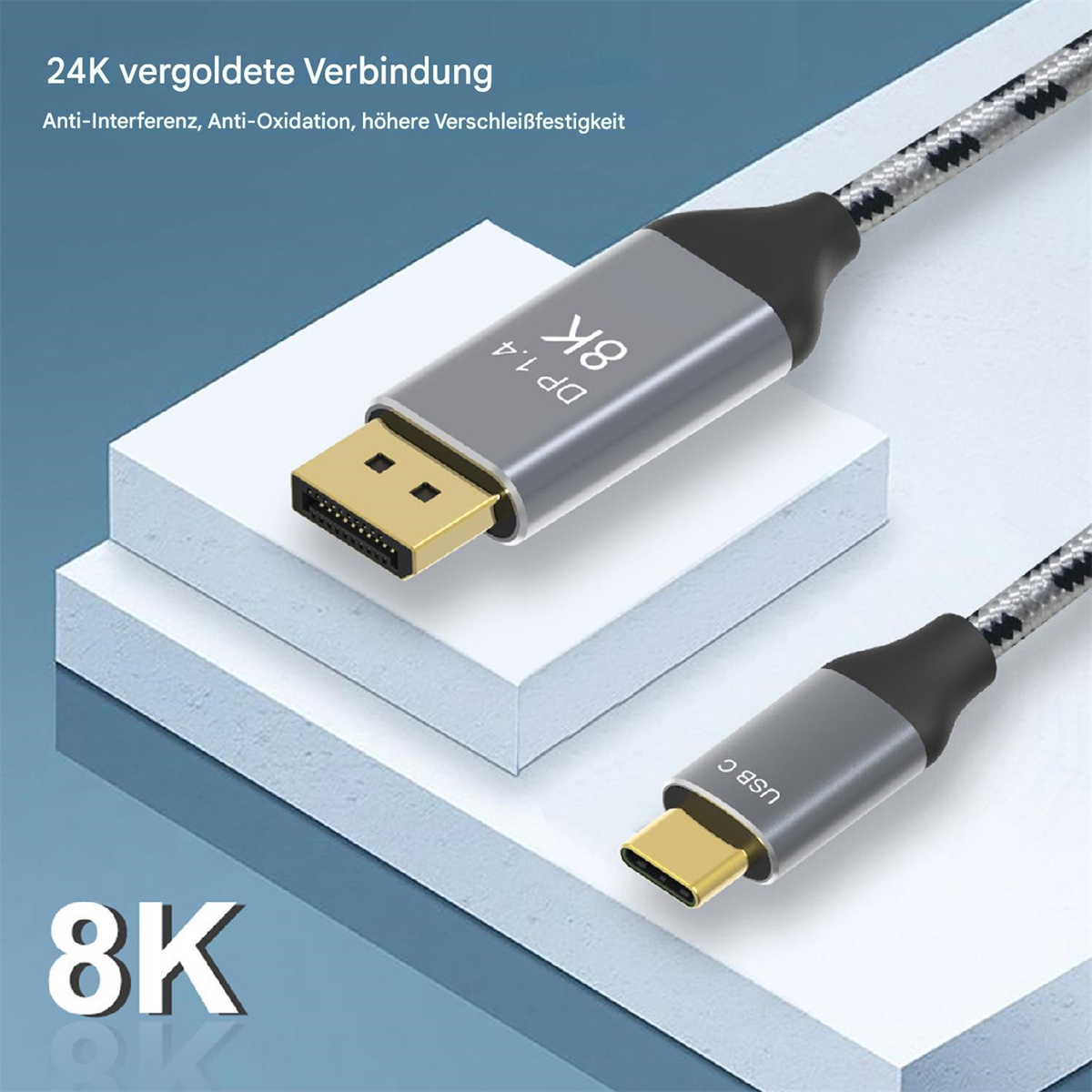 Silberne und schwarze DP 1.4 und USB C Anschlüsse. Text: 8K. Weißer Hintergrund.
