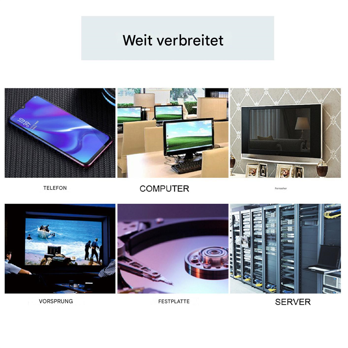 Bilder, die verschiedene Technologieanwendungen zeigen: Telefon, Computer, Fernseher, Projektor, Festplatte, Server.