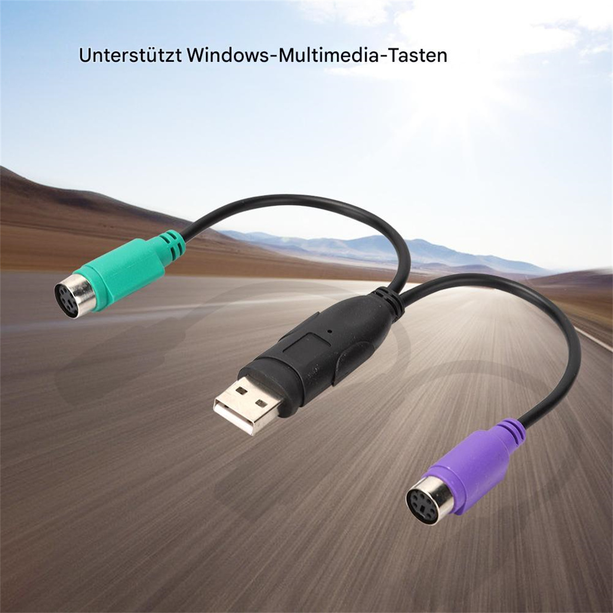 USB-zu-PS/2-Adapter. Grüne und violette Anschlüsse. Schwarzes Kabel. Auf verschwommenem Straßenhintergrund.