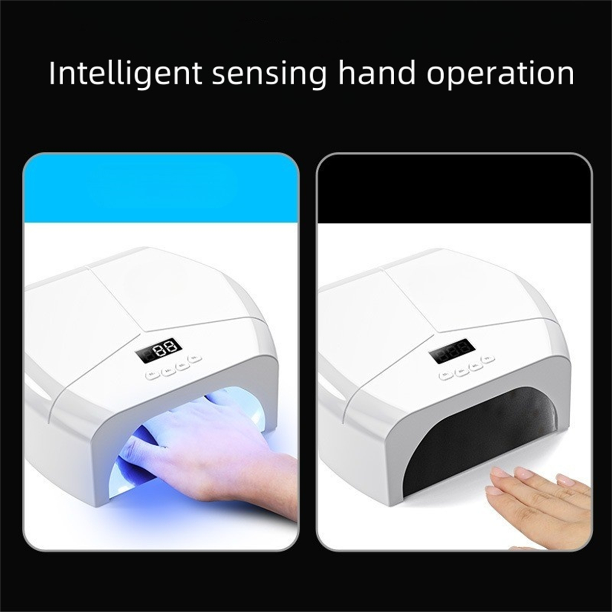 Zwei weiße Nagelhärtungslampen, die eine Hand im Inneren zeigen, mit digitaler Anzeige.