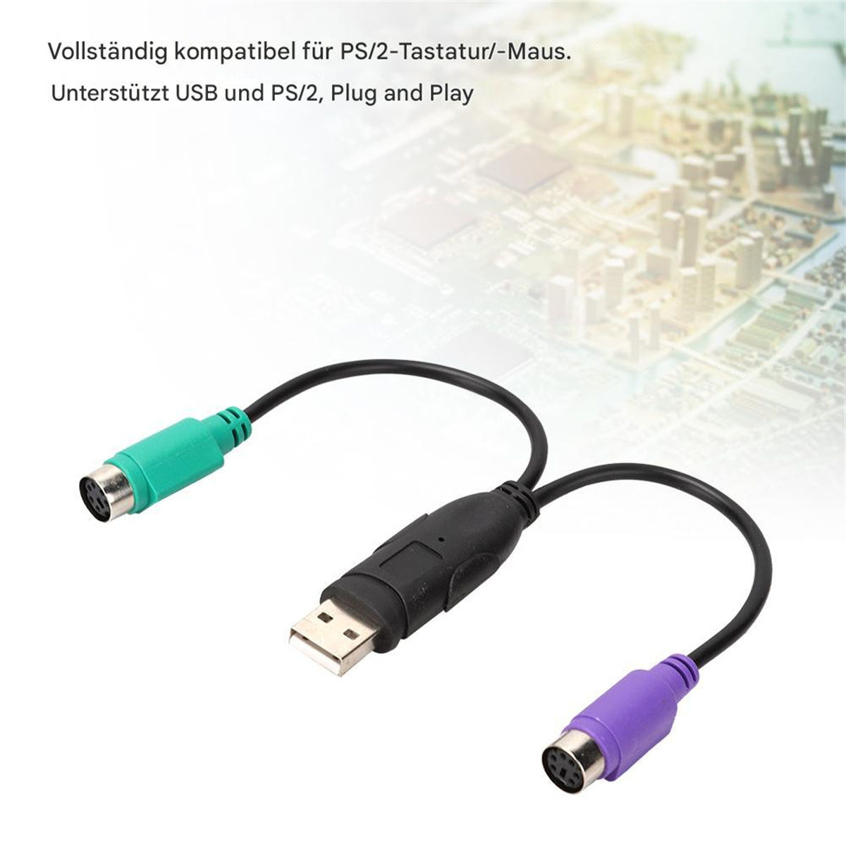 Zwei PS/2-zu-USB-Adapter. Einer grün, einer lila und ein schwarzer USB-Adapter.
