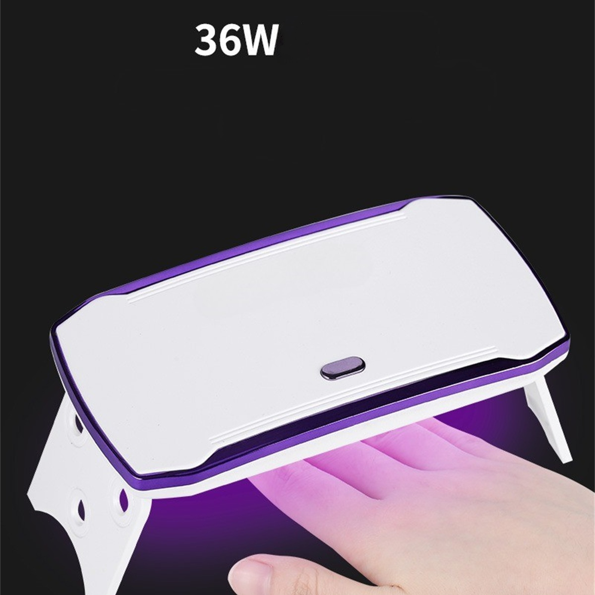 Weiß-violette UV-Nagellampe. Hand mit Nagel unter der Lampe, mit violettem Schein.