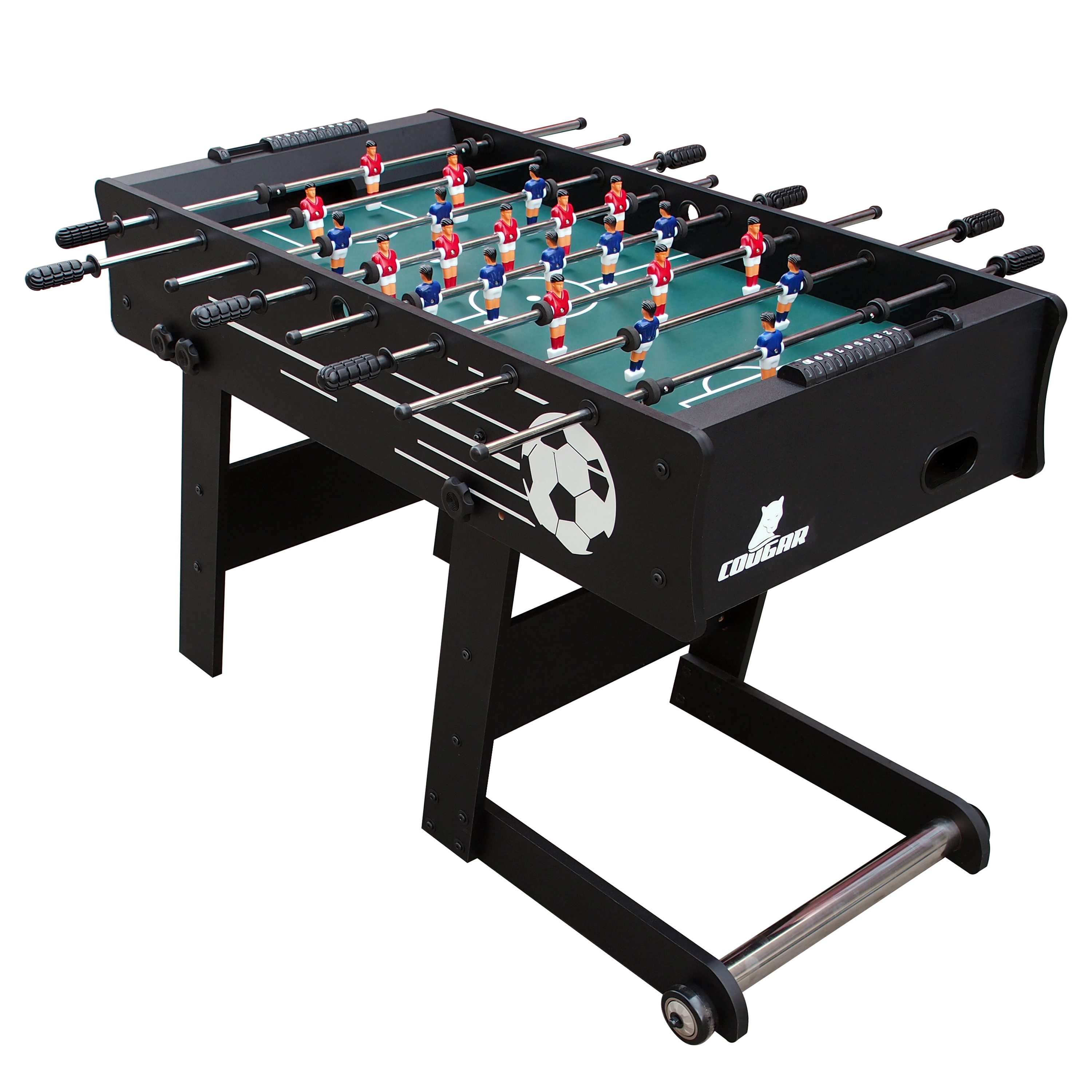 Tischfußballtisch mit schwarzem Rahmen, grünem Spielfeld und Spielern in Rot und Blau. Fußball in der Mitte.