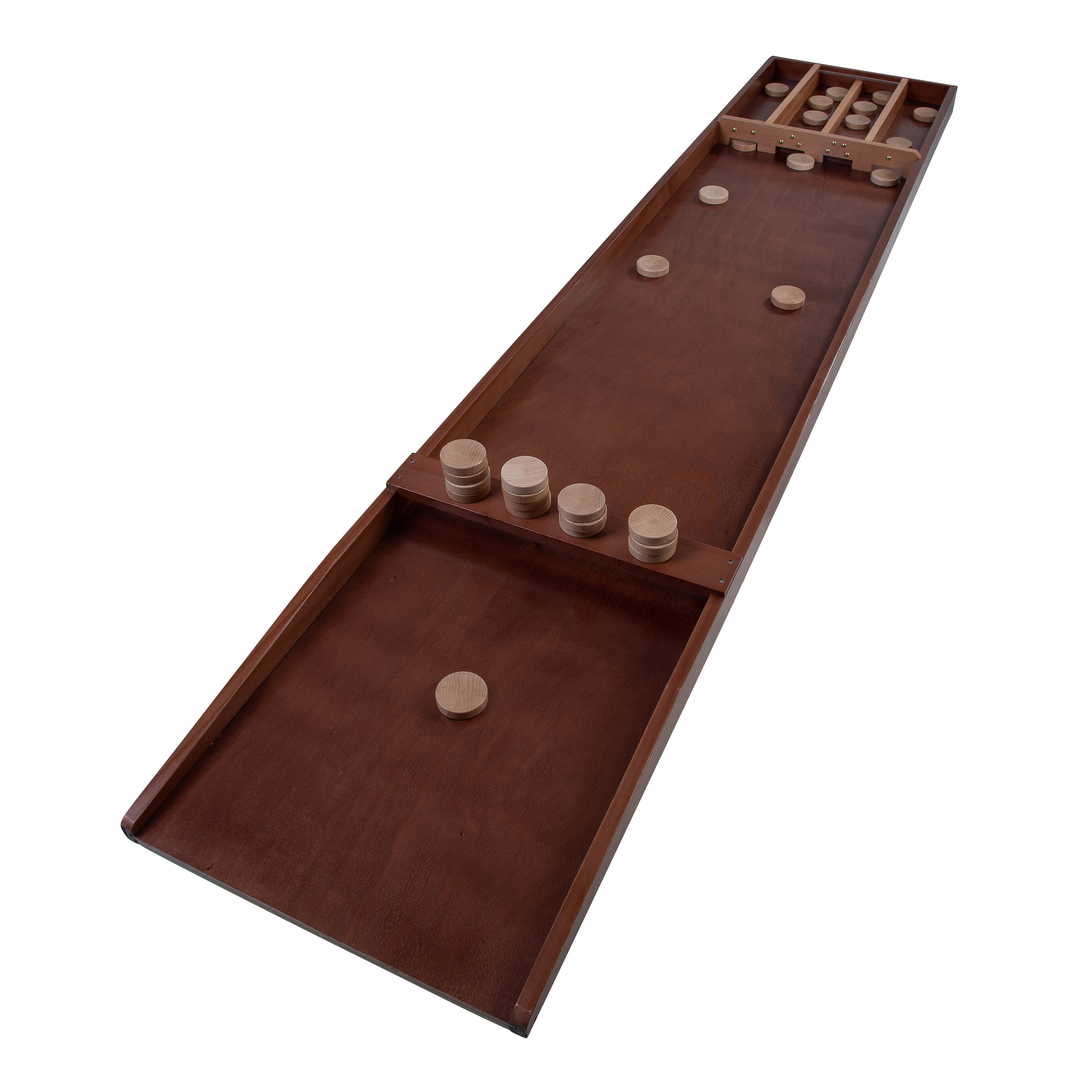 Mesa de shuffleboard marrón. Marco de madera, superficie marrón, con discos.