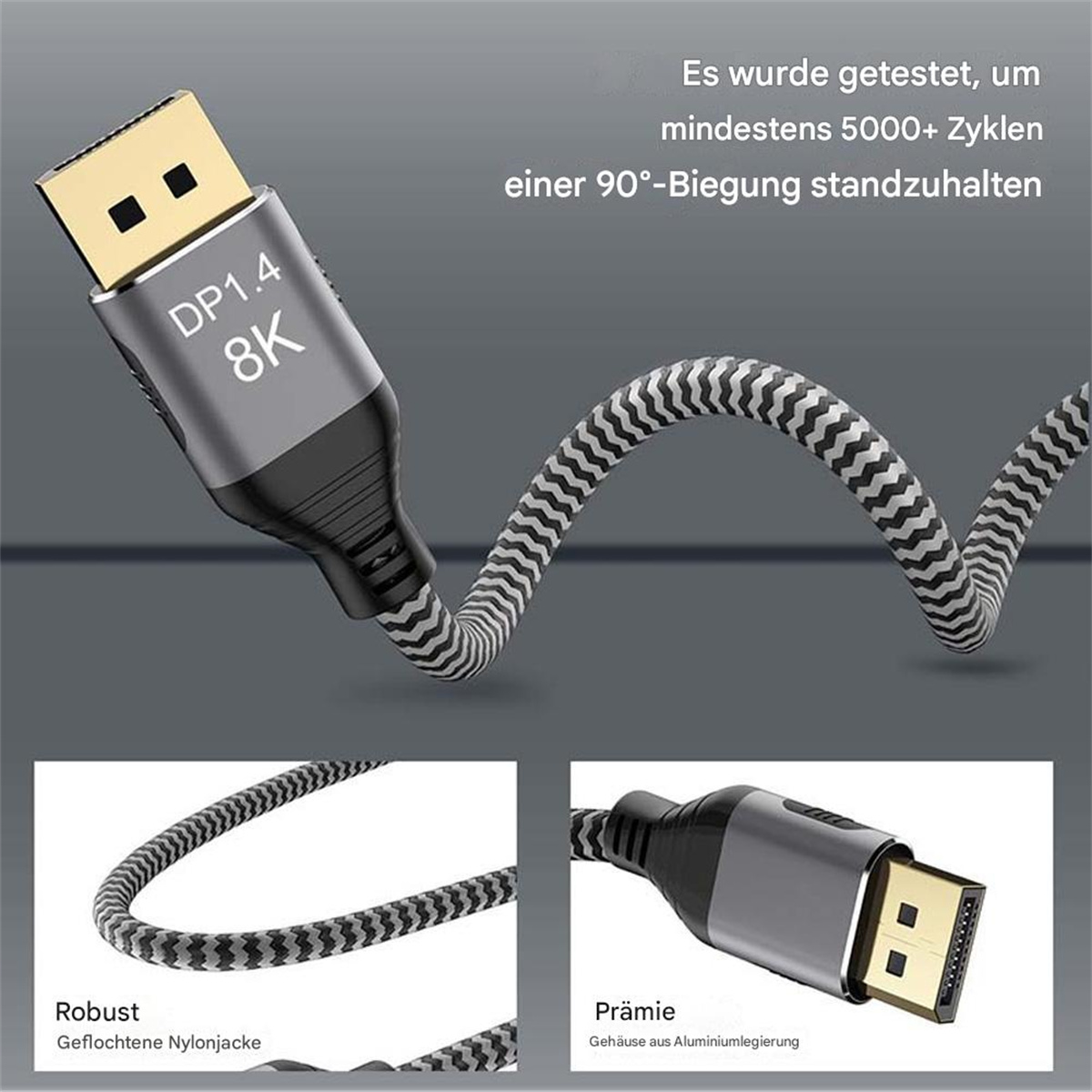 Silber-schwarzes DP1.4 8K-Kabel mit Nylonmantel, mit Details der Anschlüsse.