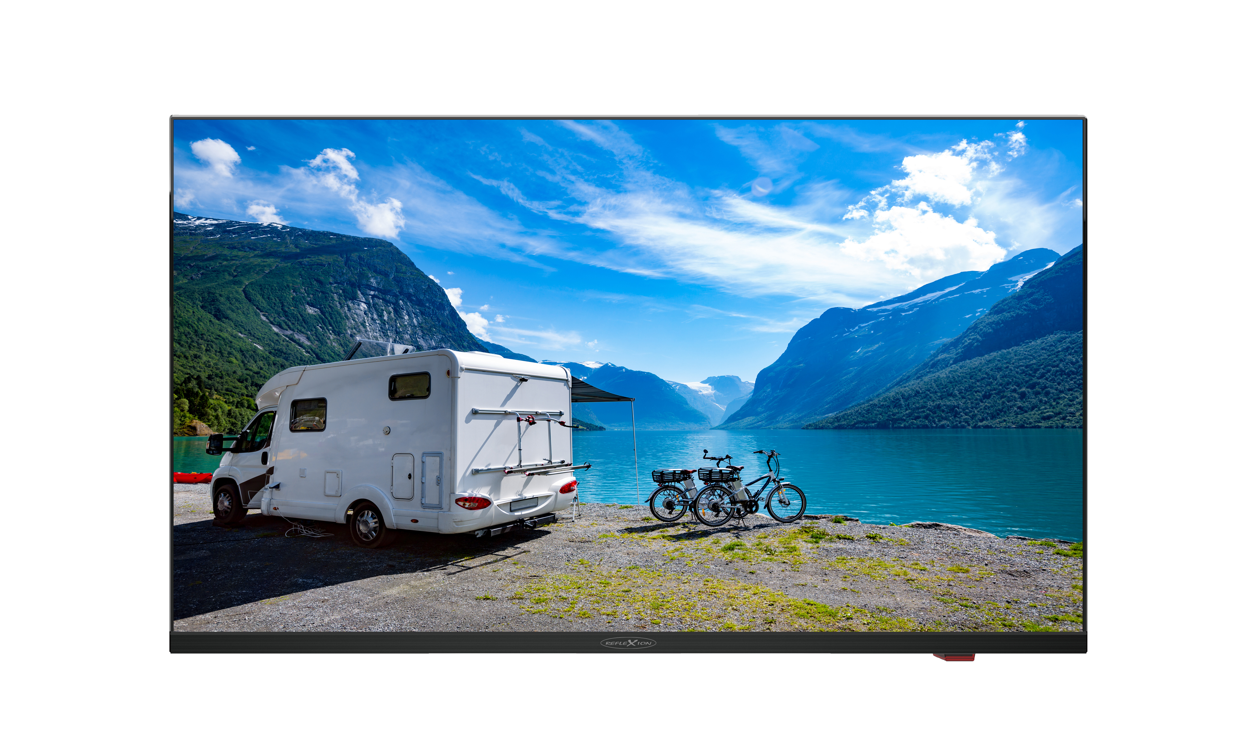 Ein Fernseher mit Landschaft, Wohnmobil, Fahrrädern und See, isoliert.