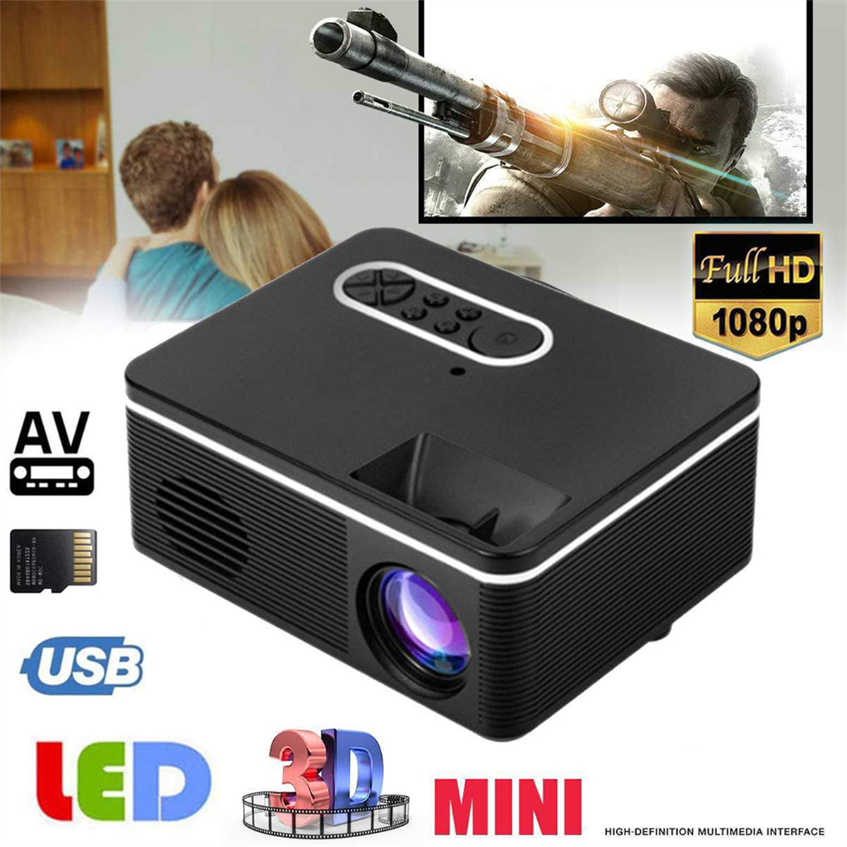 Ein schwarzer Mini-Projektor zeigt eine Filmszene. Symbole für AV, USB, LED und 3D sind vorhanden.