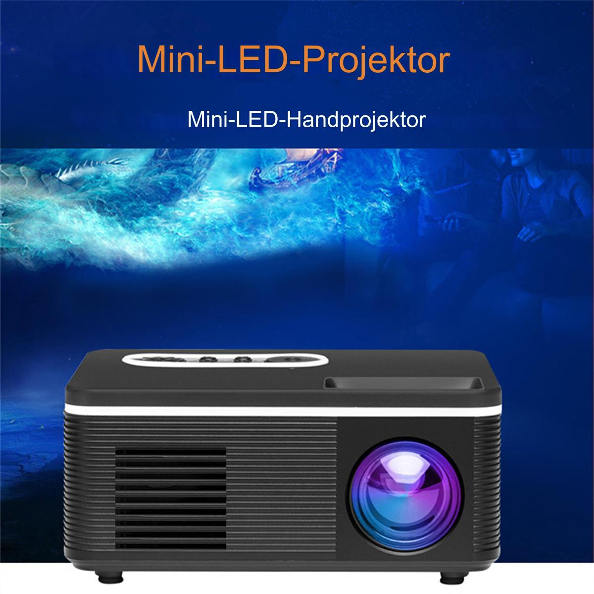 Schwarzer Mini-LED-Projektor mit lilafarbener Linse, mit Text im Hintergrund.