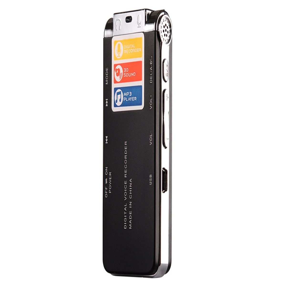 Schwarzer digitaler Diktiergerät mit Knöpfen und Text: Digital Voice Recorder.