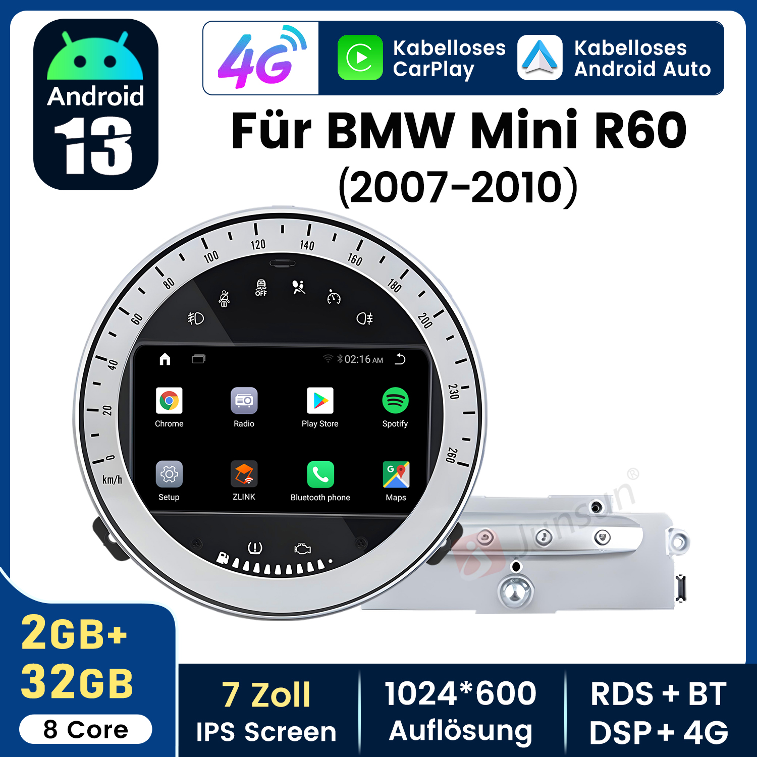 Ekran multimedialny do samochodu BMW Mini R60. Android 13, 2GB+32GB, 8 rdzeni, 7-calowy ekran IPS.