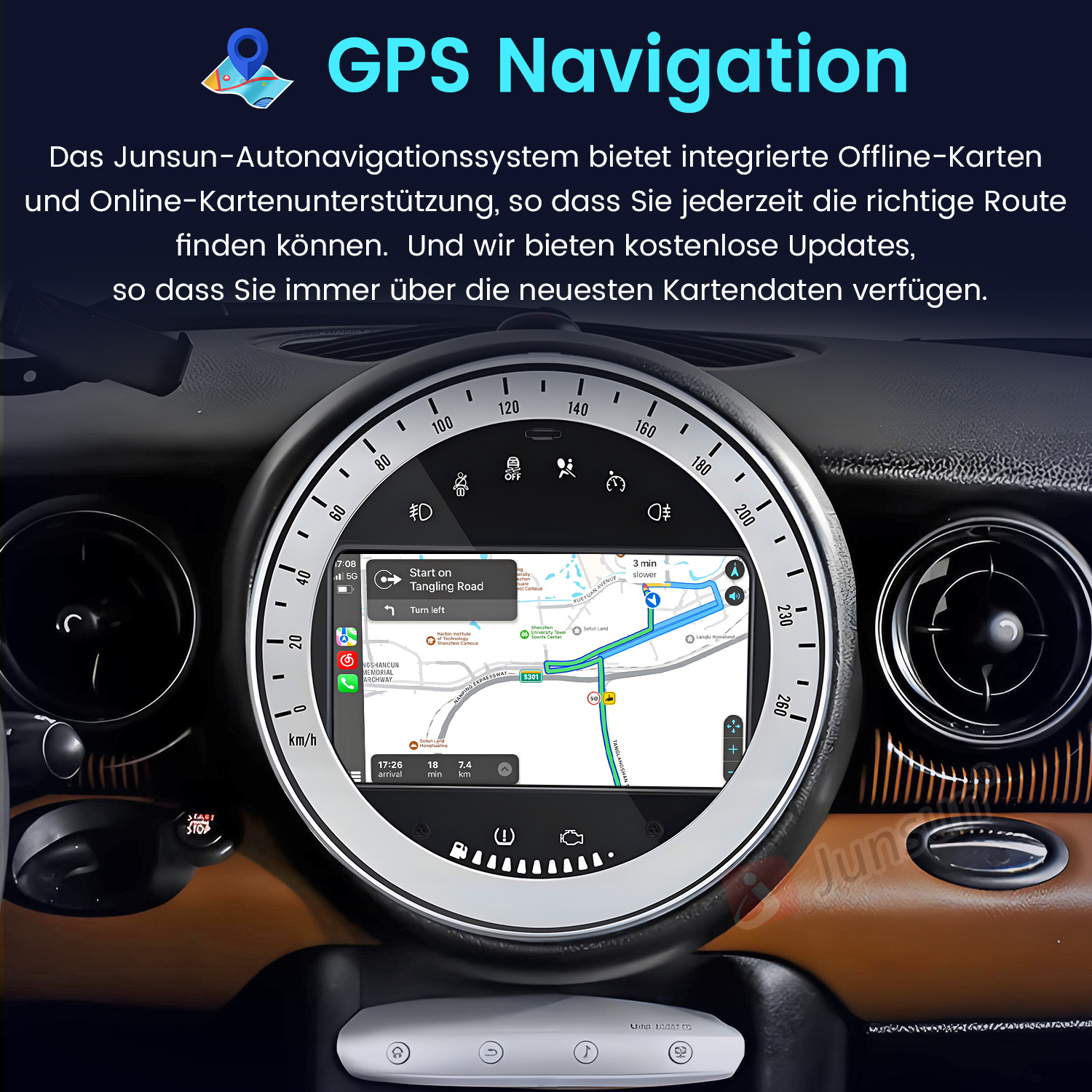 Deska rozdzielcza samochodu z ekranem nawigacji GPS z mapą.