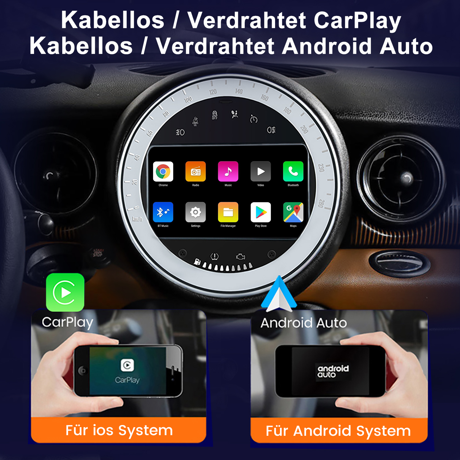 Deska rozdzielcza samochodu z ekranem wyświetlającym opcje CarPlay i Android Auto na telefonach.