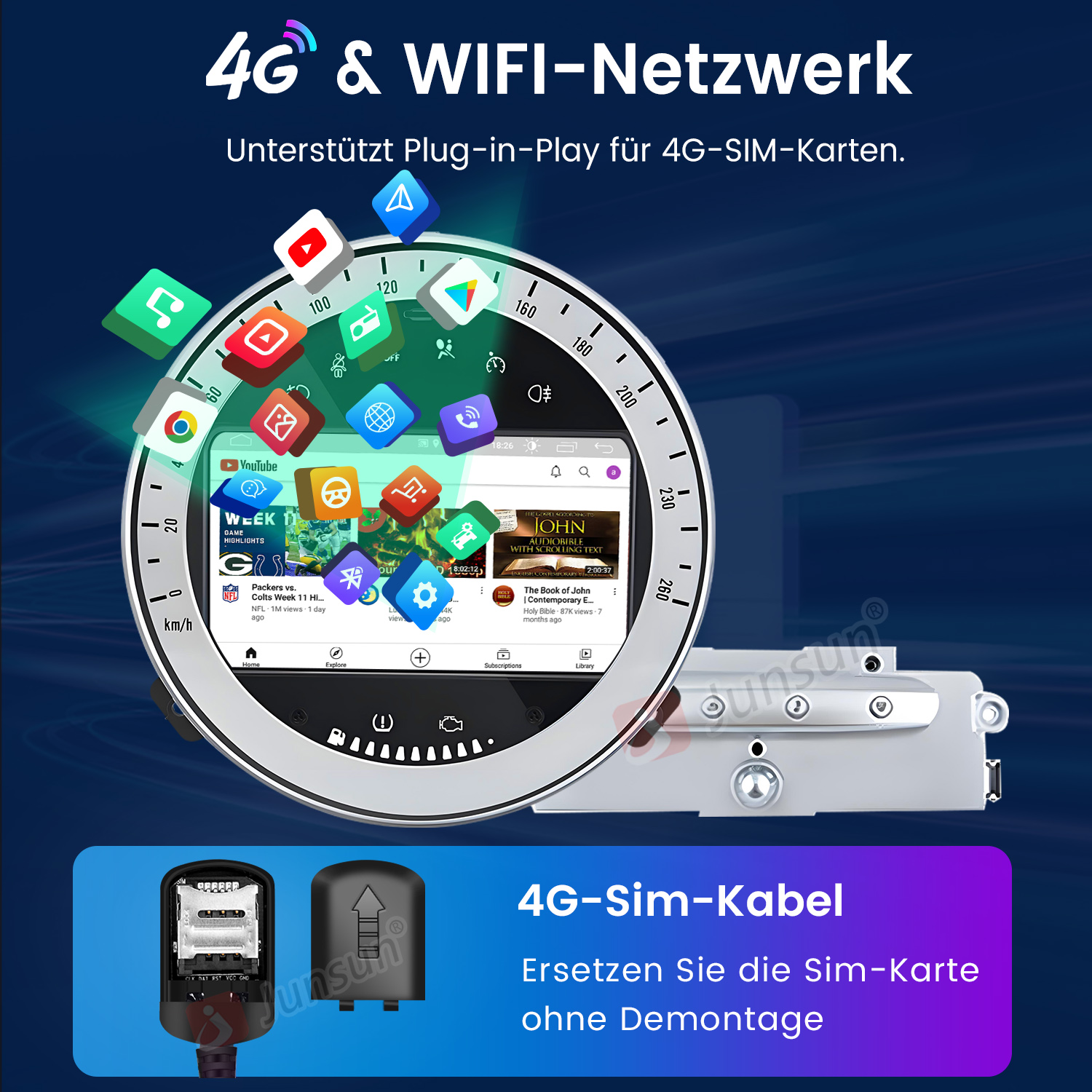 Ekran systemu informacyjno-rozrywkowego w samochodzie z ikonami aplikacji i szczegółami 4G-Sim-Kabel.