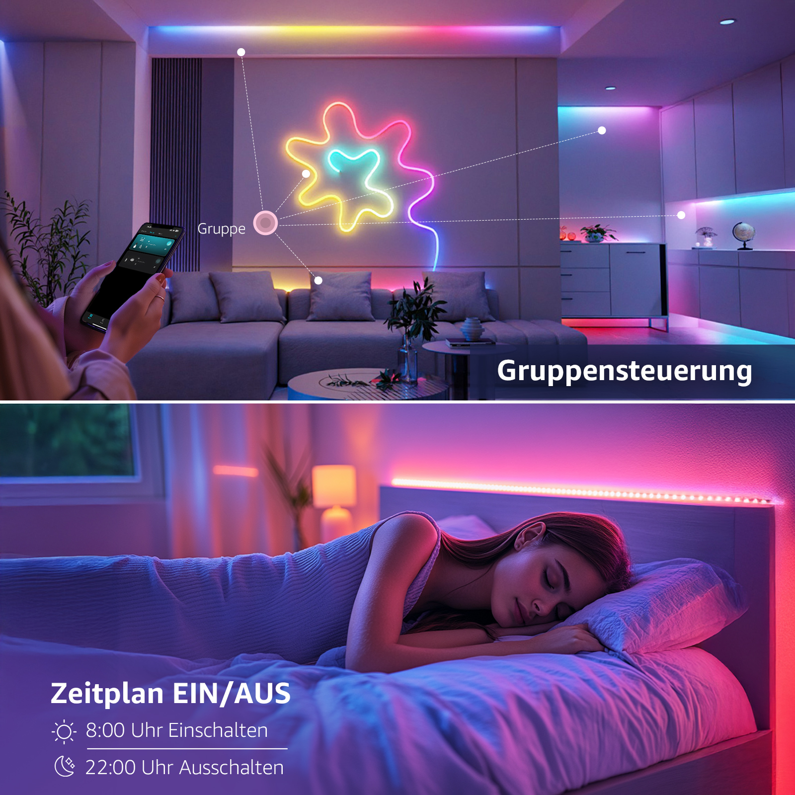 Zwei Szenen: ein Smart-Home-Setup mit Lichtern, die per Telefon gesteuert werden, und eine schlafende Frau im Bett.