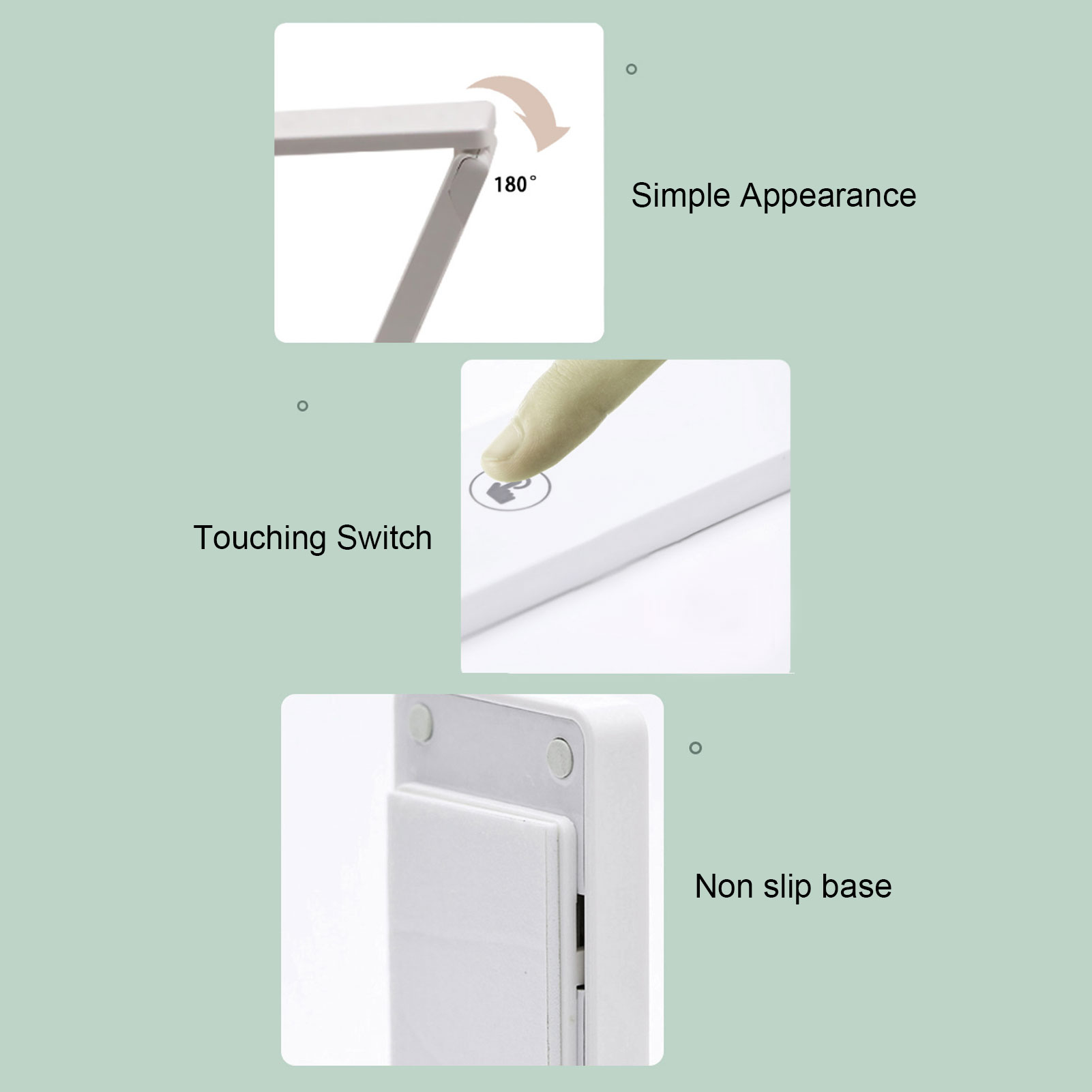 Nahaufnahmen einer weißen Schreibtischlampe. Beinhaltet einen drehbaren Arm, einen Berührungsschalter und eine rutschfeste Basis.