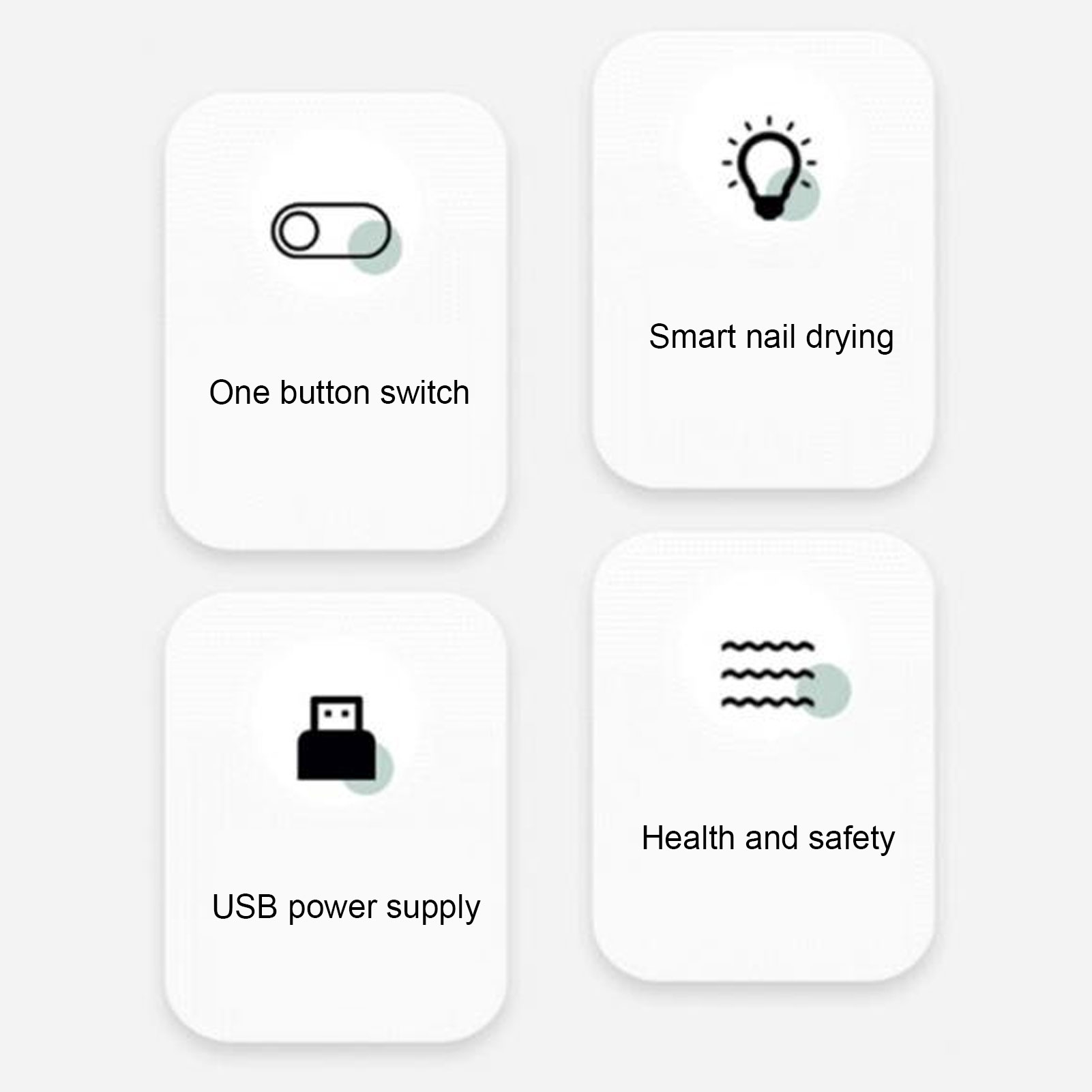 Vier weiße Karten mit Symbolen: Ein/Aus-Schalter, Glühbirne, USB und Wellenlinien. Weißer Hintergrund.